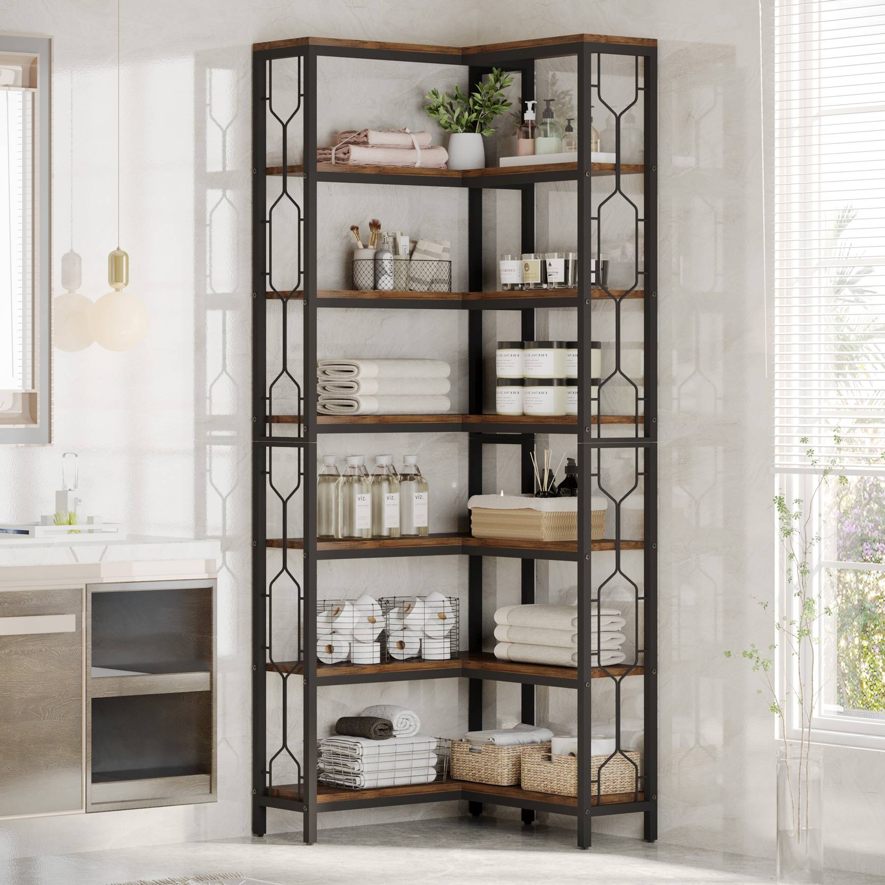 Corner Bookshelf, 7-Tier Industrial Corner Etagere Bookcase Tribesigns