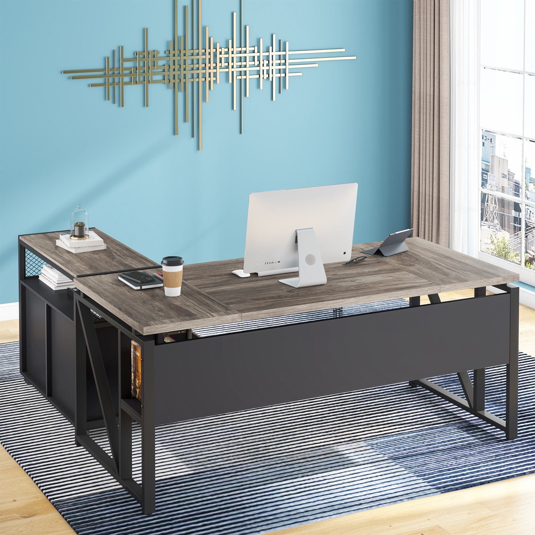 63" Computer Desk with Mobile Cabinet, L-Shaped Desk for Home Office