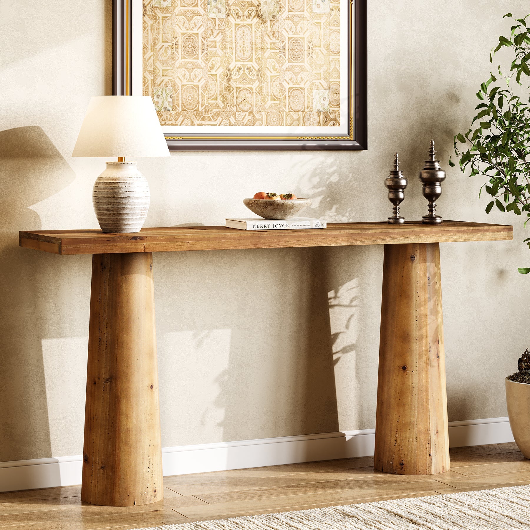 63" Solid Wood Console Table, Farmhouse Entryway Table with Cylindrical Legs