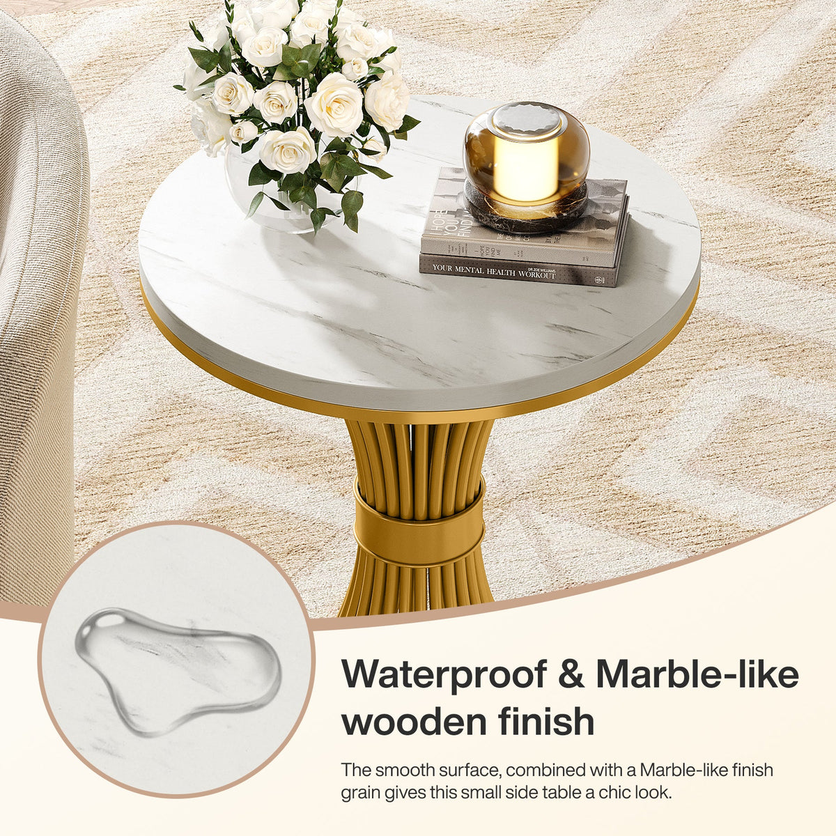 19.69" Round End Table, Faux Marble Side Table with Gold Metal Base