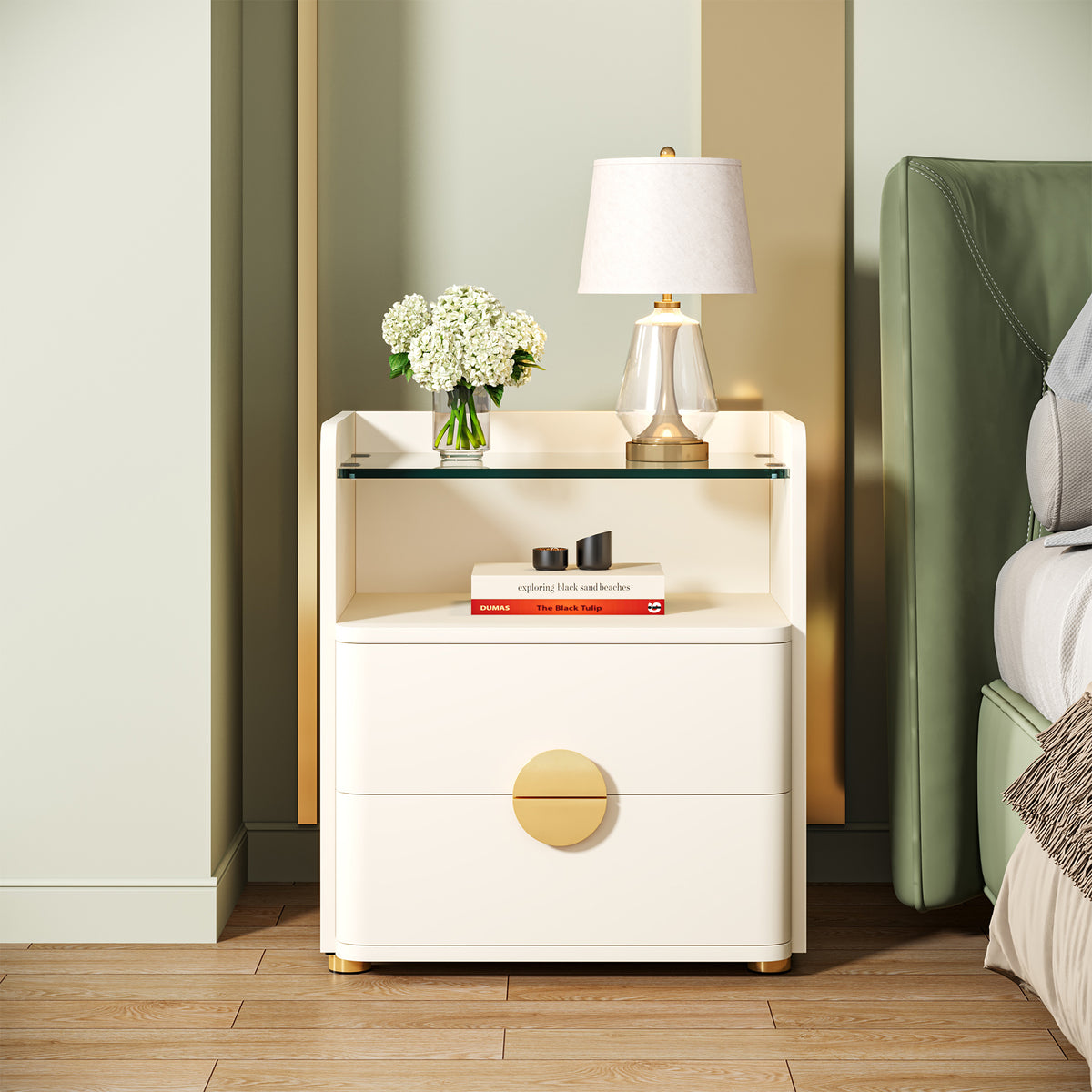 2-Drawer Nightstand, Modern Bedside Table with Open Shelf for Bedroom