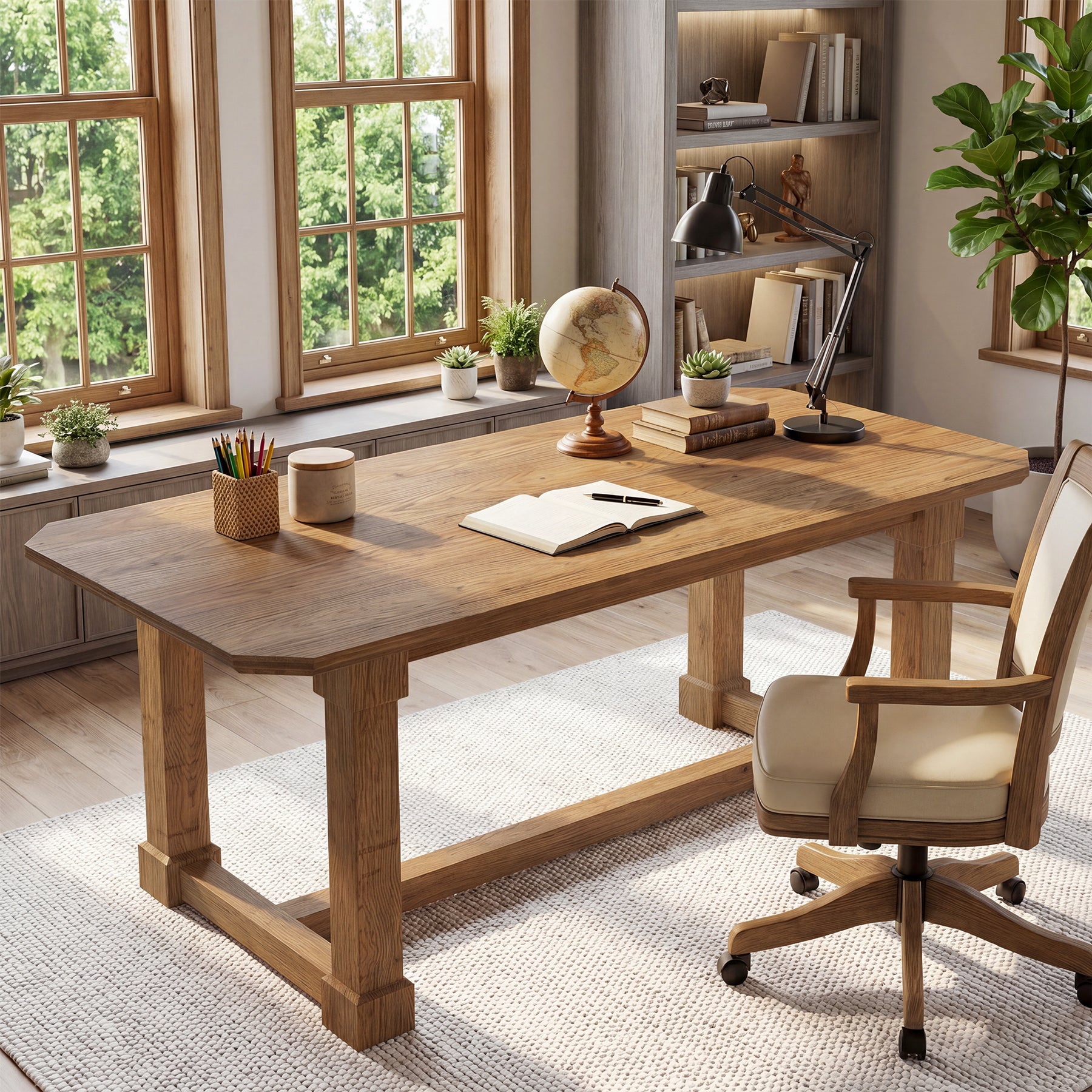 63" Solid Wood Executive Desk, Wooden Office Computer Desk with Thick Top & Sturdy Legs