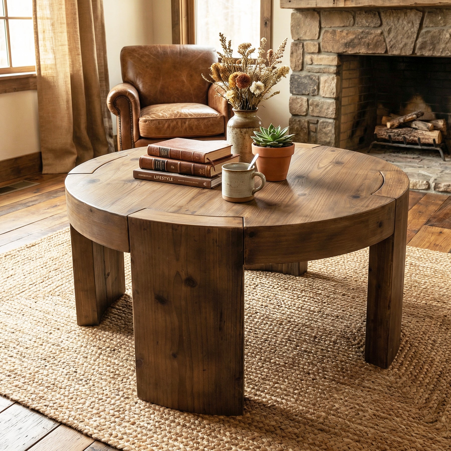 31.5" Round Coffee Table, Solid Wood Center Cocktail Tea Table for Living Room