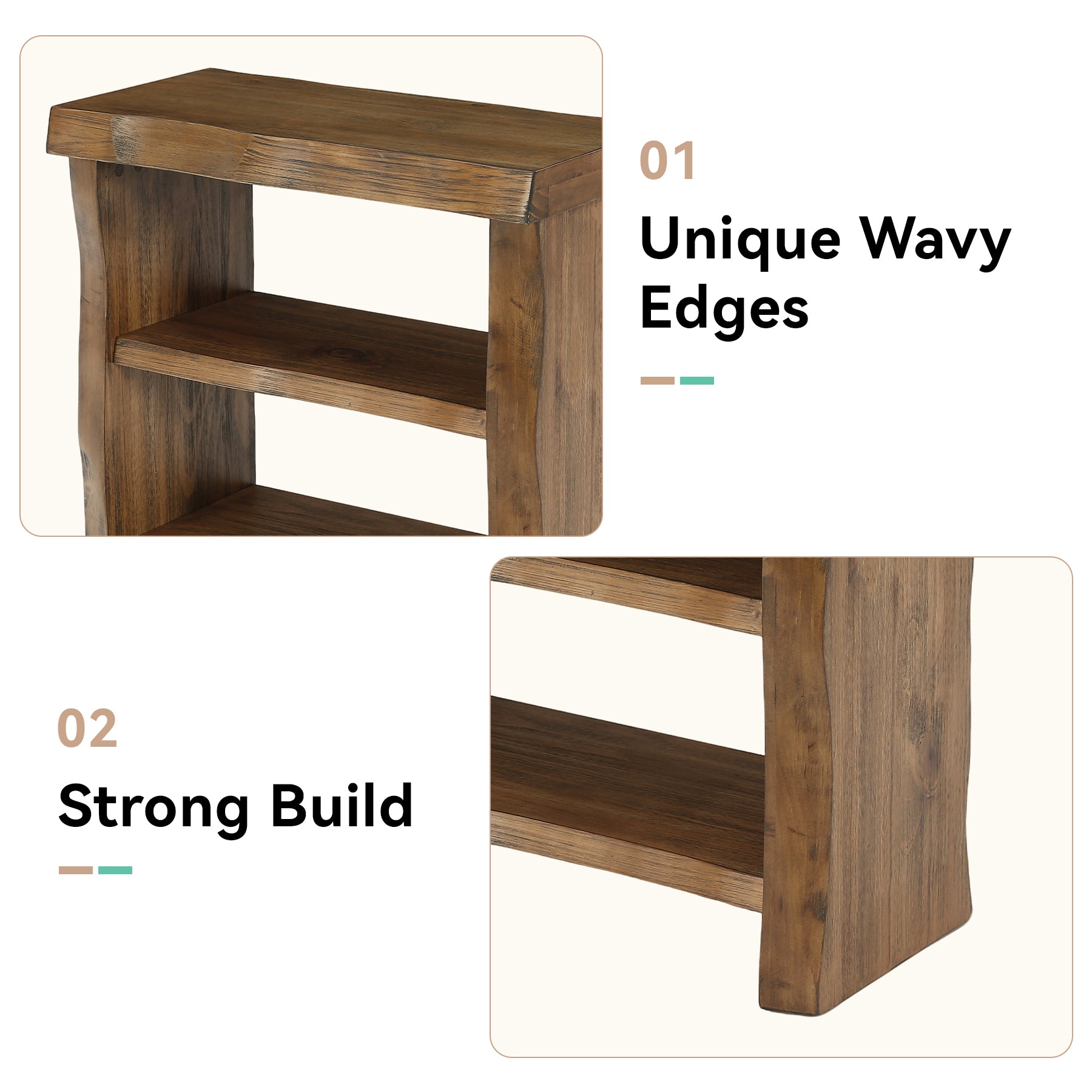 Solid Wood End Table, 3-Tier Live Edge Side Table for Bedroom