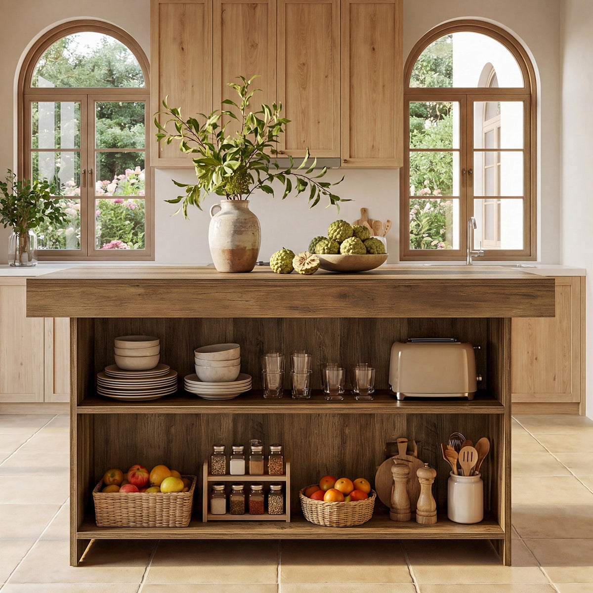 55" Kitchen Island with Storage Shelves, Farmhouse Island Table for Dining Room