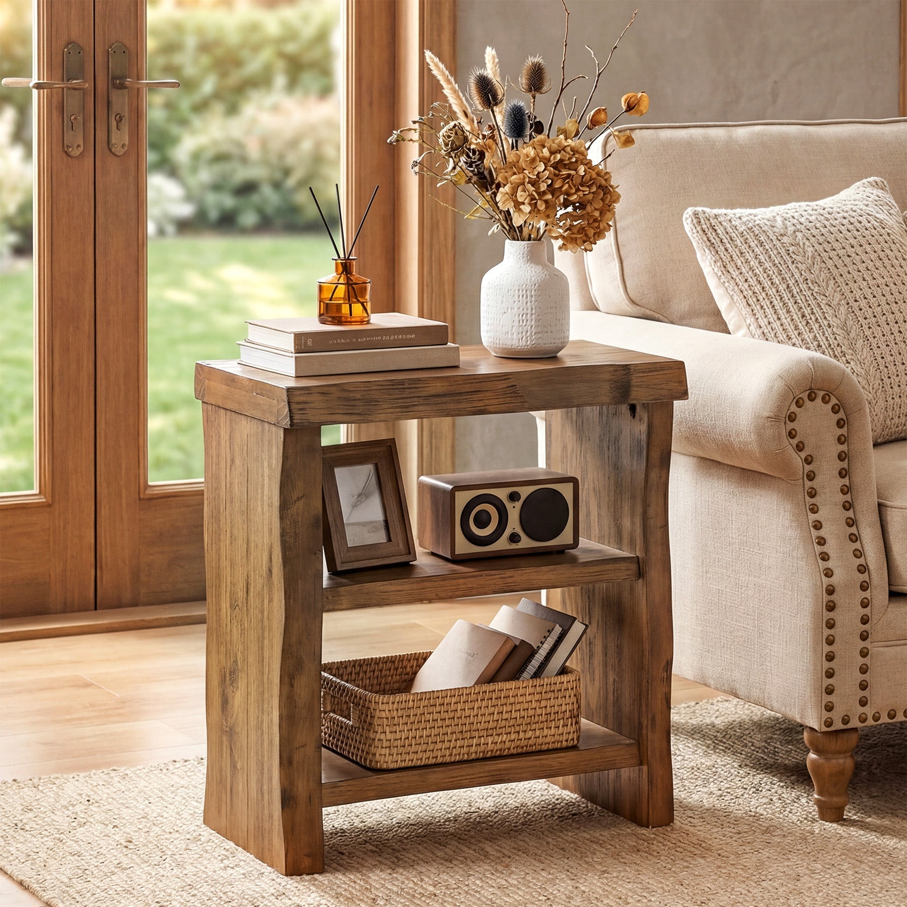 Solid Wood End Table, 3-Tier Live Edge Side Table for Bedroom