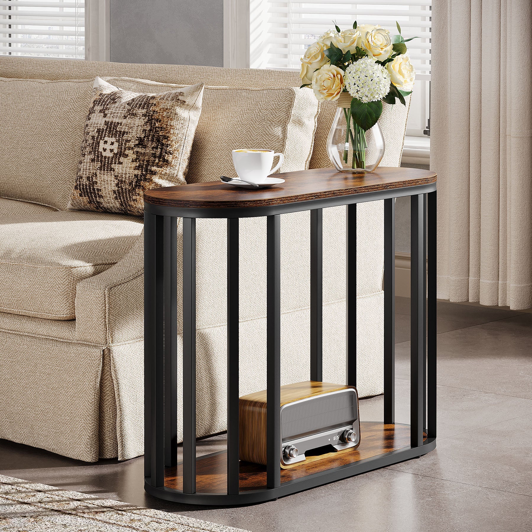 Narrow End Table with Storage, 2-Tier Industrial Side Table with Metal Frame