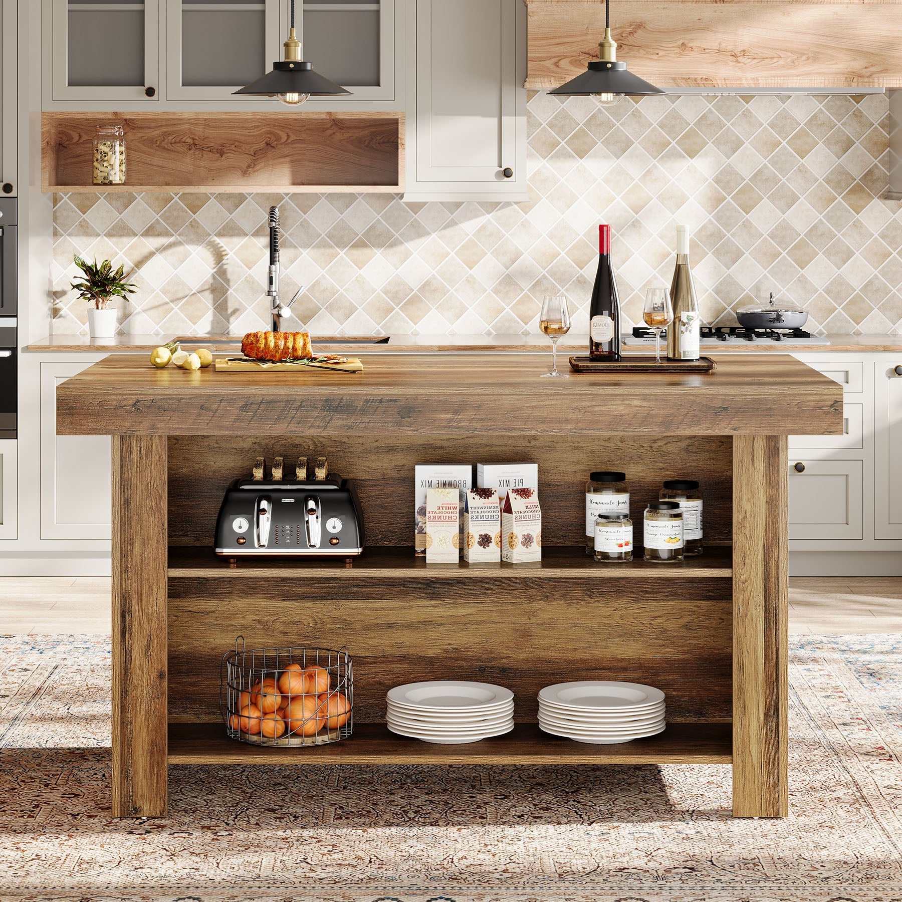 55" Kitchen Island, 3-Tier Island Table Counter Height Bar Table