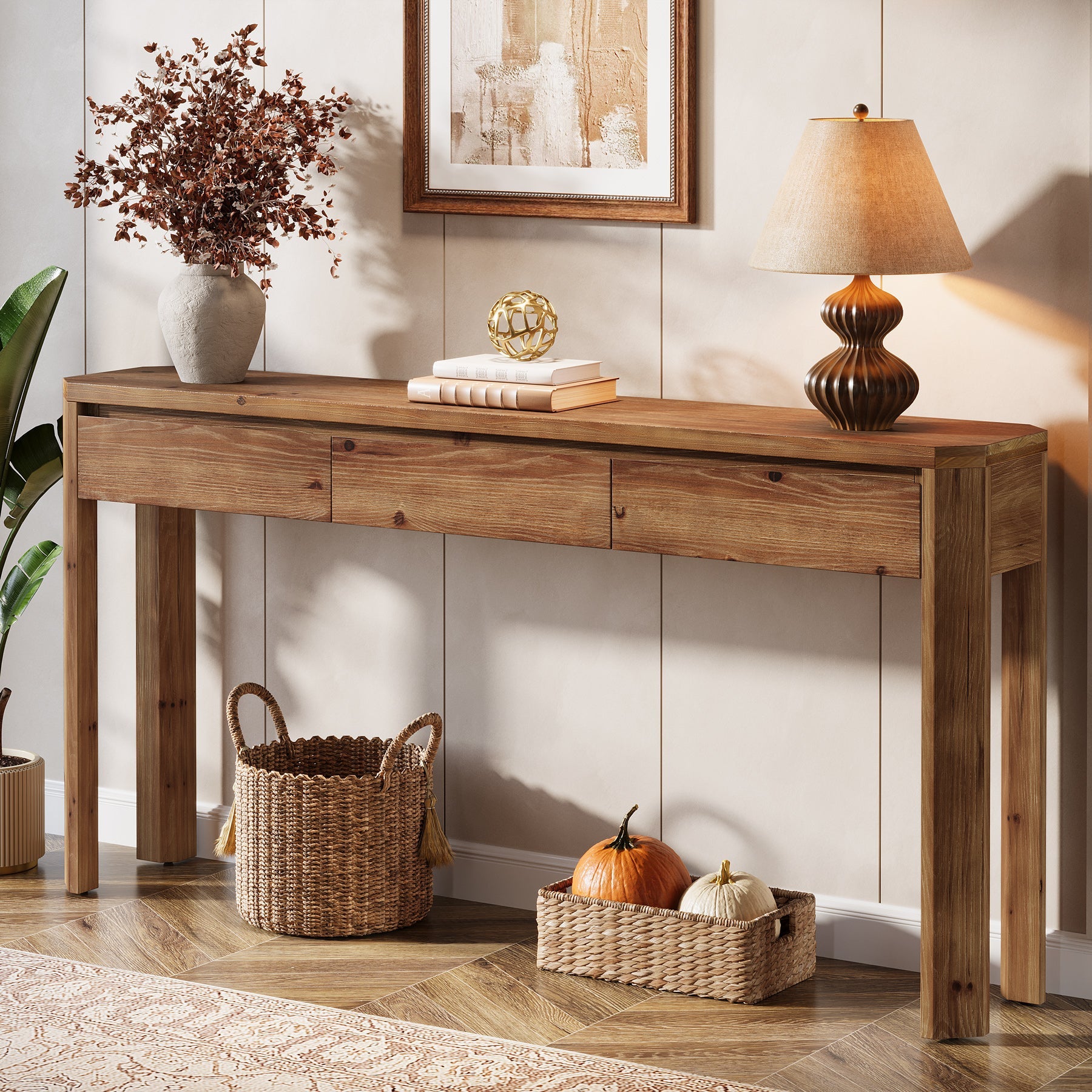 63" Solid Wood Console Table, Farmhouse Entryway Table with 3 Drawers