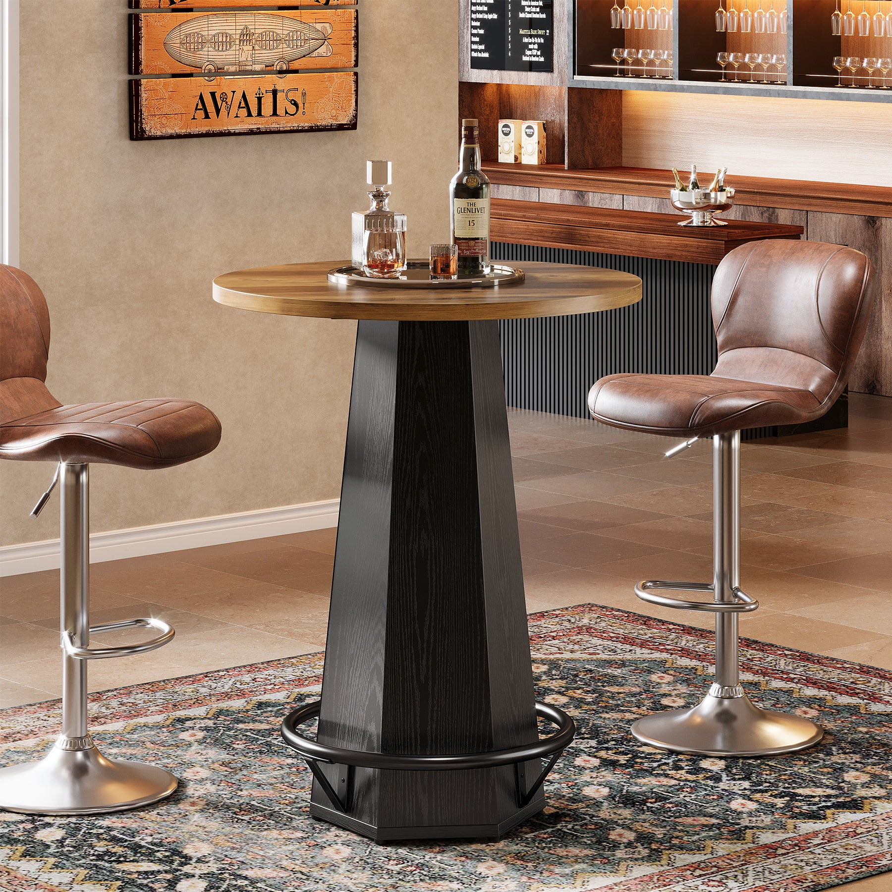 Round Bar Table for 2 People, 39.4" H Industrial Counter Height Pub Table with Metal Footrest
