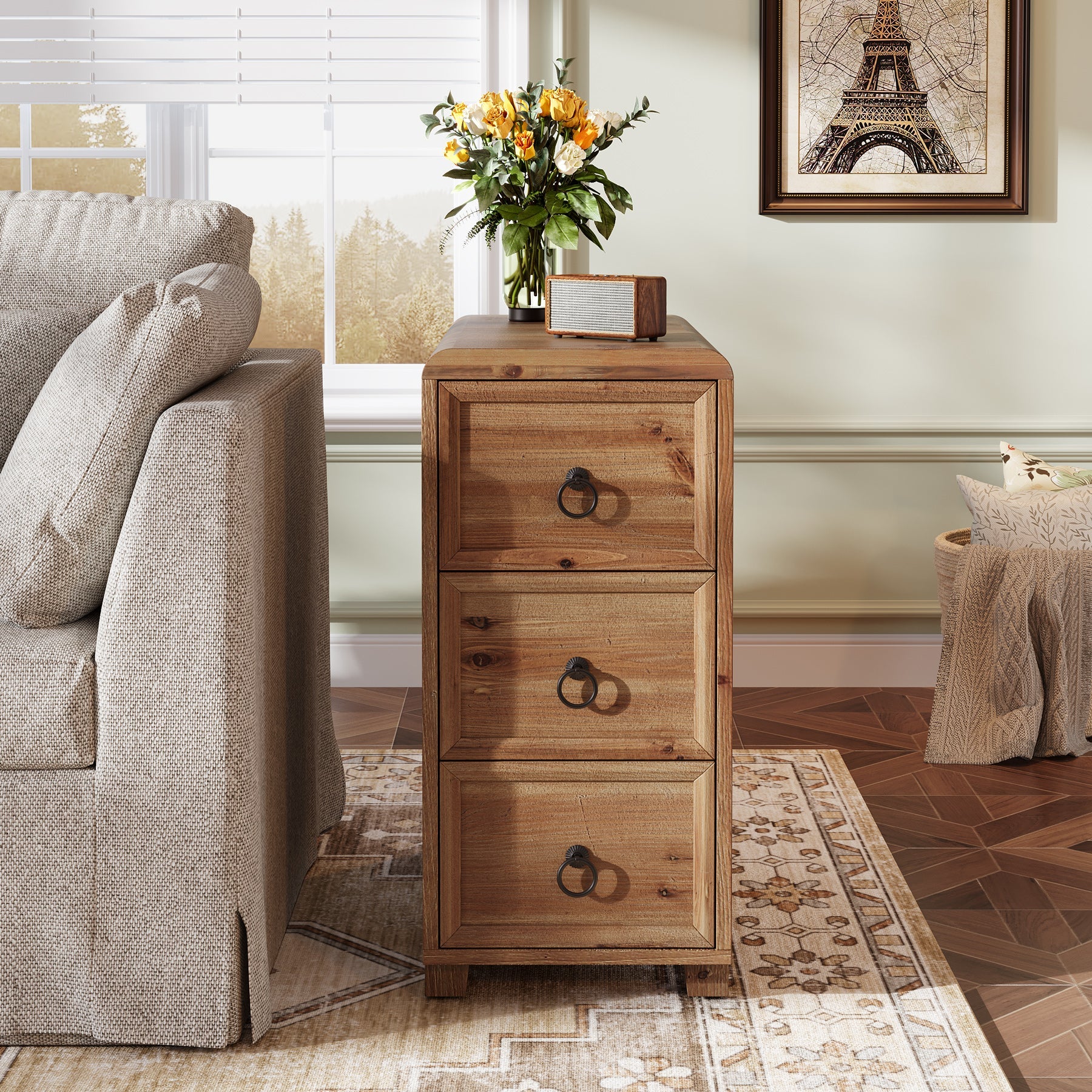 Solid Wood End Table, Narrow Side Table Nightstand with 3 Drawers
