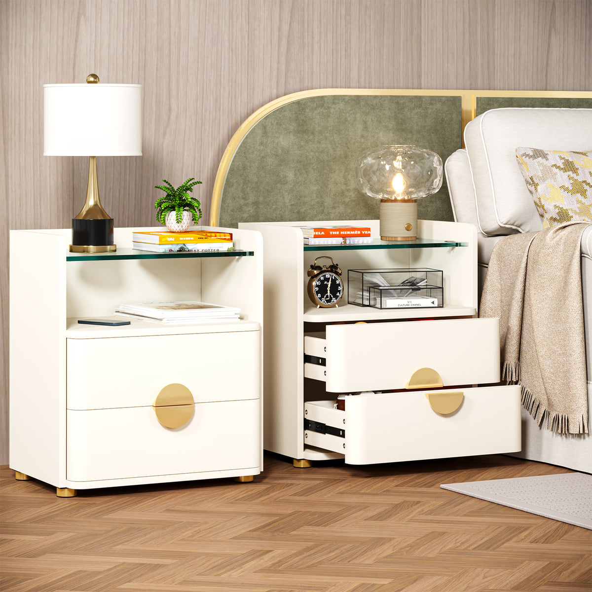 2-Drawer Nightstand, Modern Bedside Table with Open Shelf for Bedroom