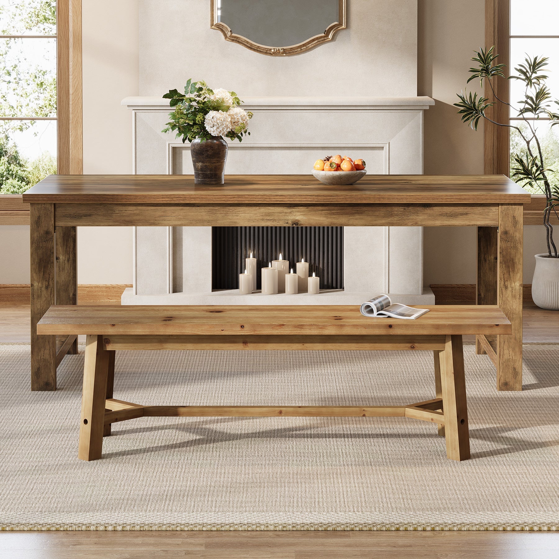 Solid Wood Dining Bench, 55.12" Kitchen Bench with Strengthened Legs