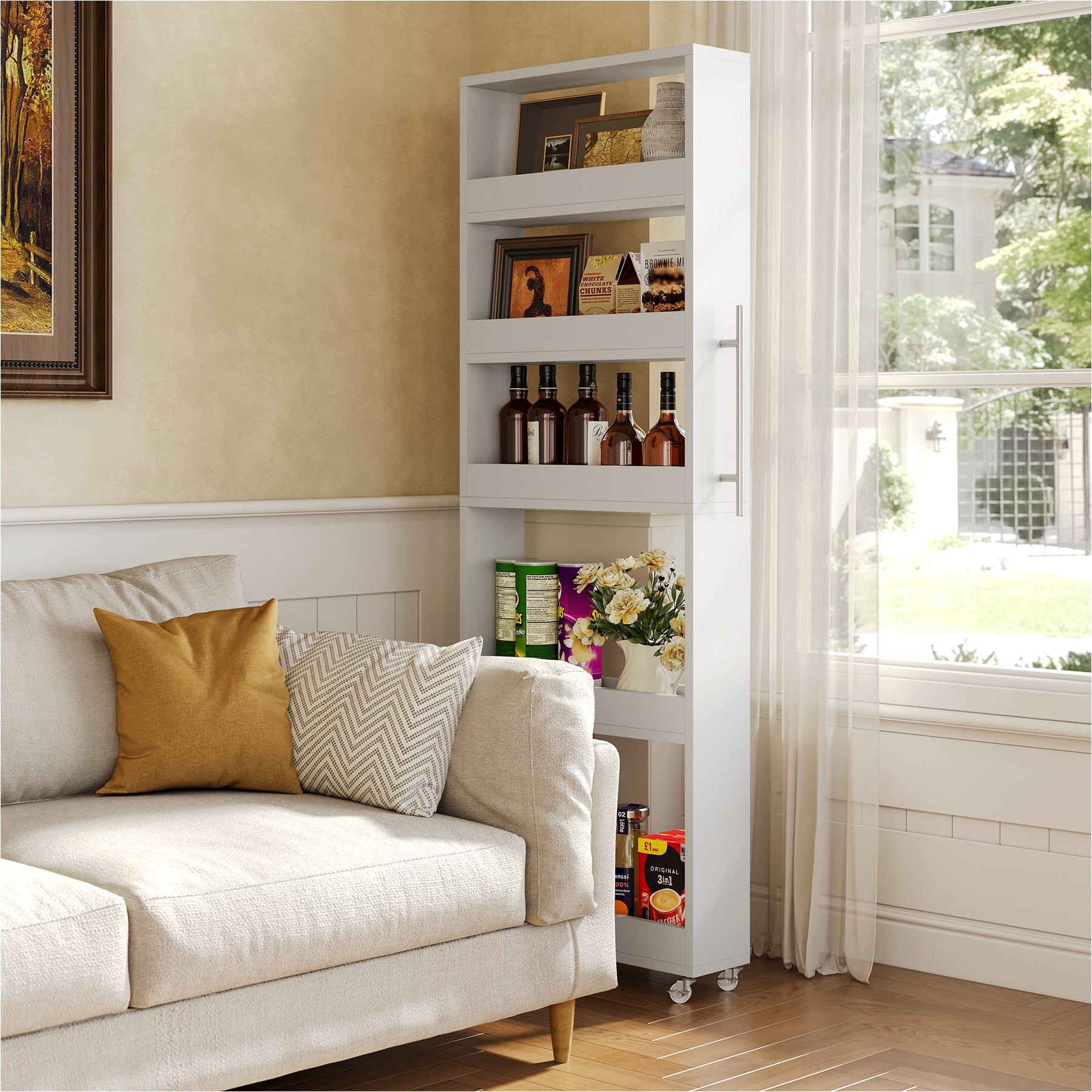 63" Slim Storage Cart on Wheels, 5-Tier Tall Narrow Mobile Shelf Organizer