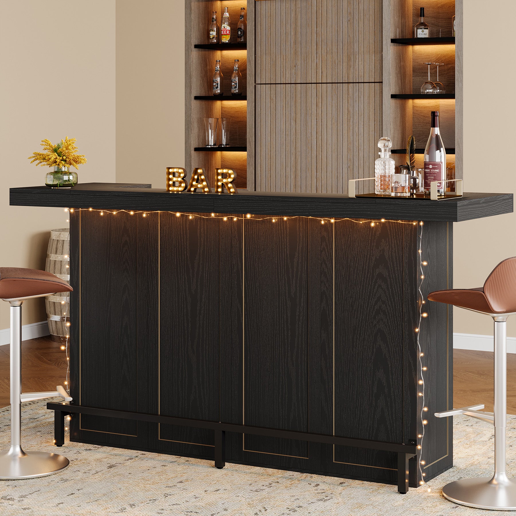 4-Tier Home Bar Unit, 70.9" Liquor Cabinet Bar Table with Wine Glass Holder