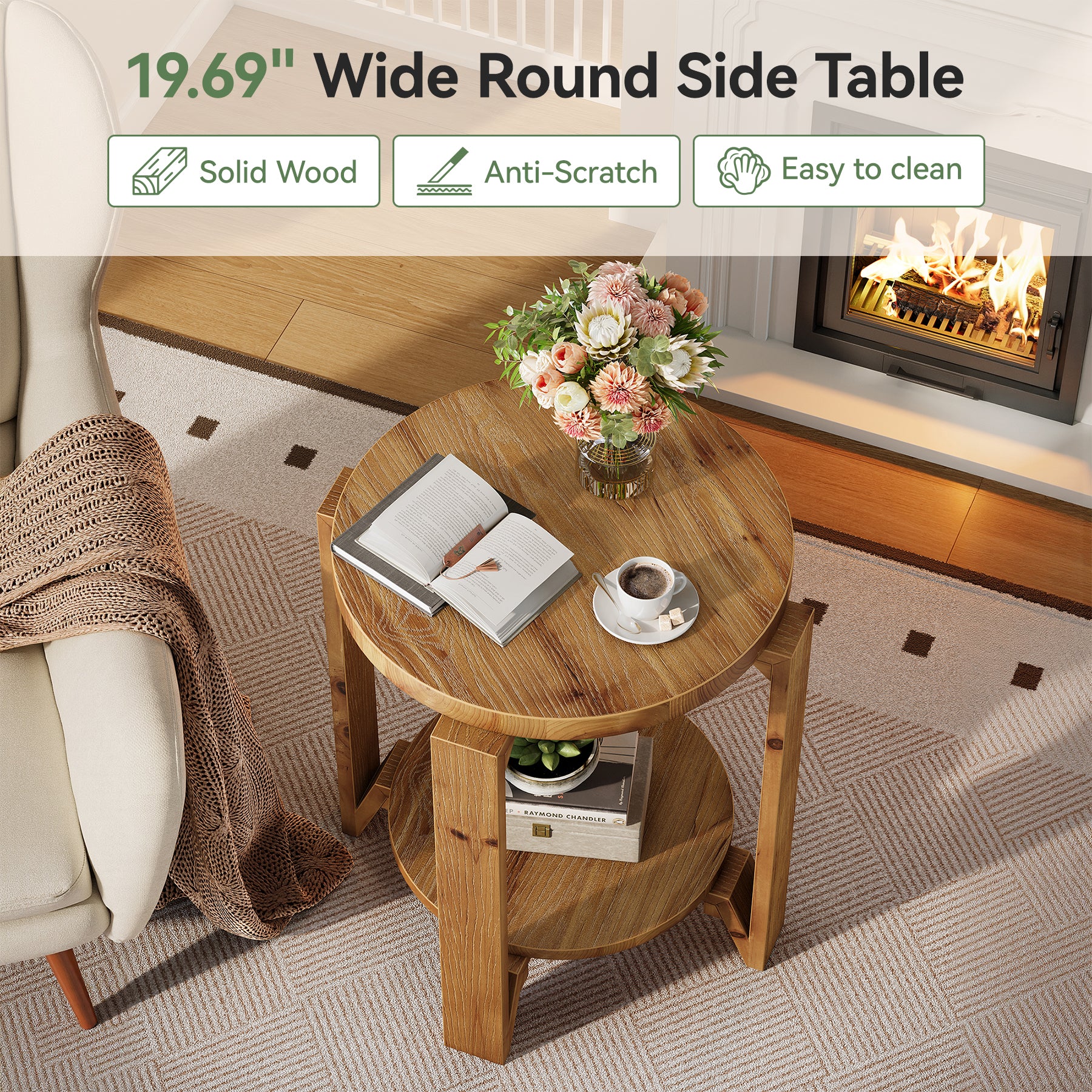 Solid Wood End Table, 2-Tier Round Side Table Nightstand for Living Room, Bedroom