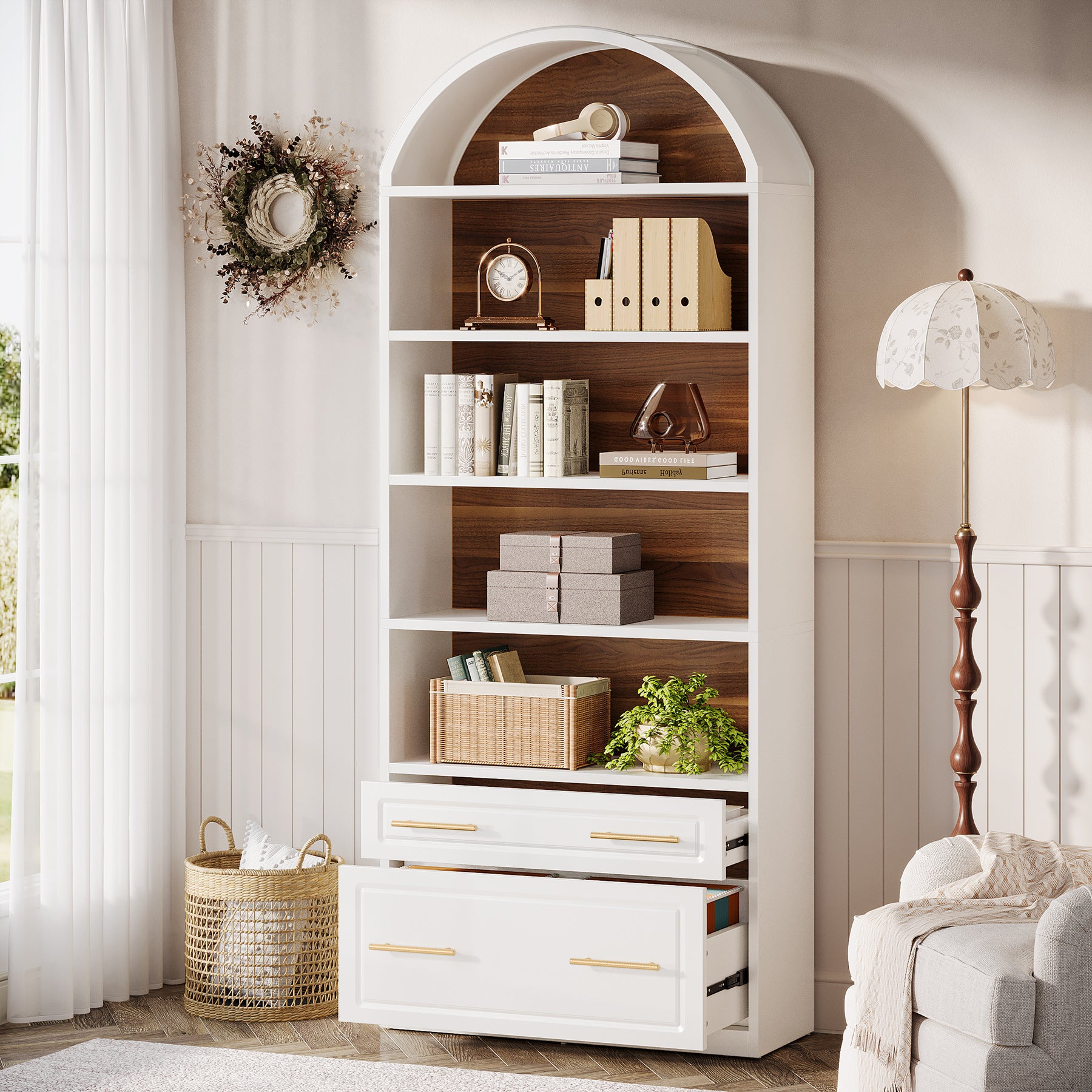 76.8" Arched Bookcase, 5-Tier Bookshelf with File Cabinet Drawer for Home Office