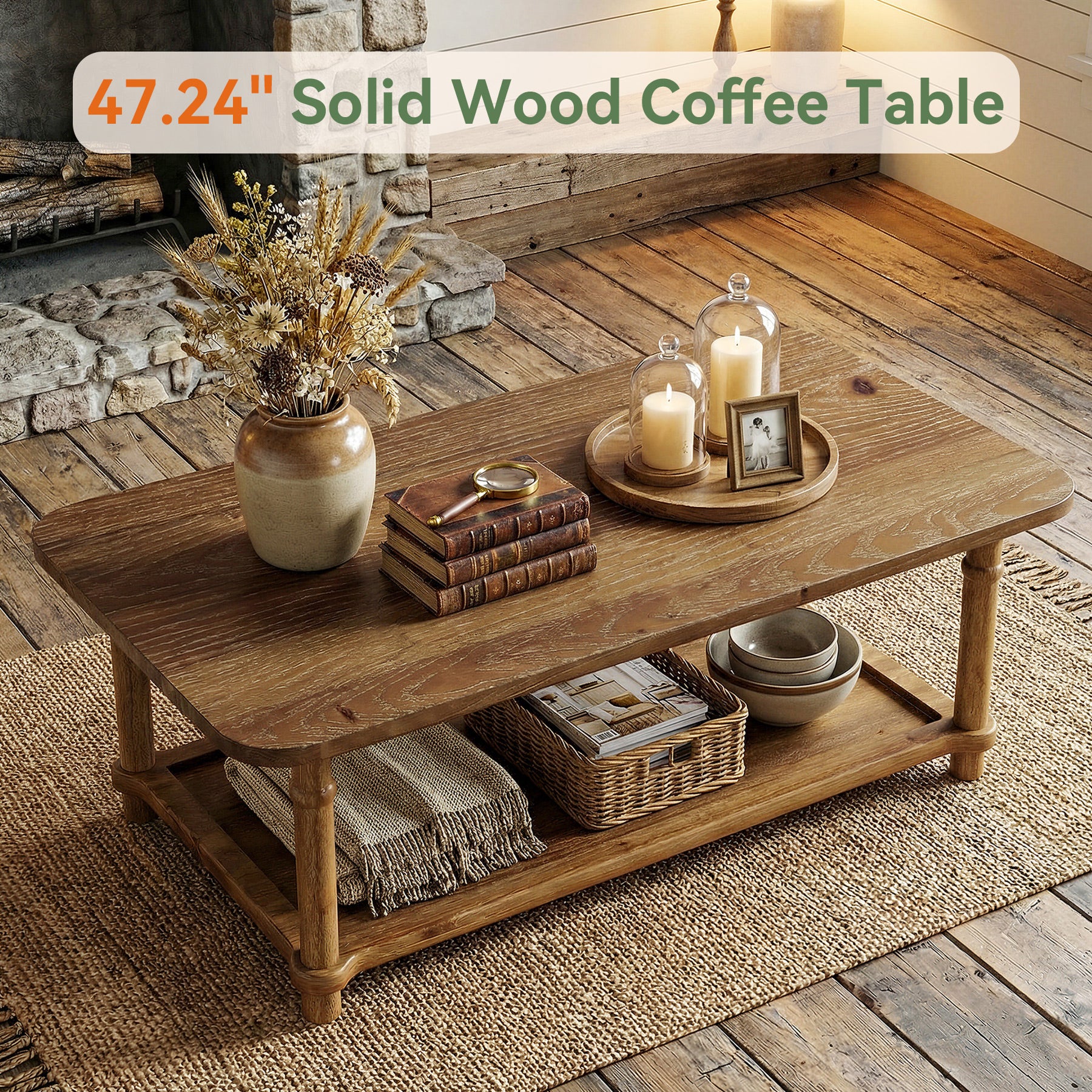 47" Solid Wood Coffee Table, Rectangle Center Table with 2-Tier Storage