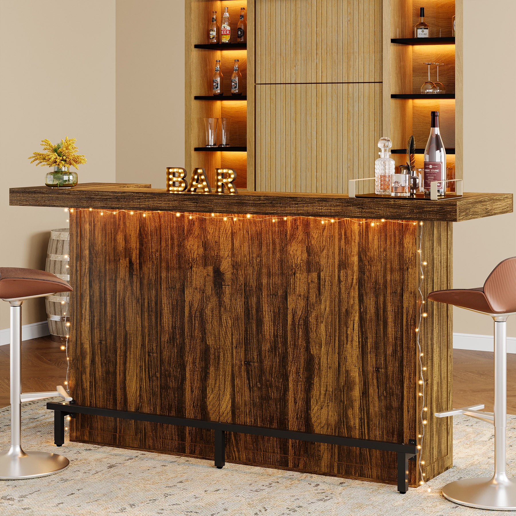 4-Tier Home Bar Unit, 70.9" Liquor Cabinet Bar Table with Wine Glass Holder