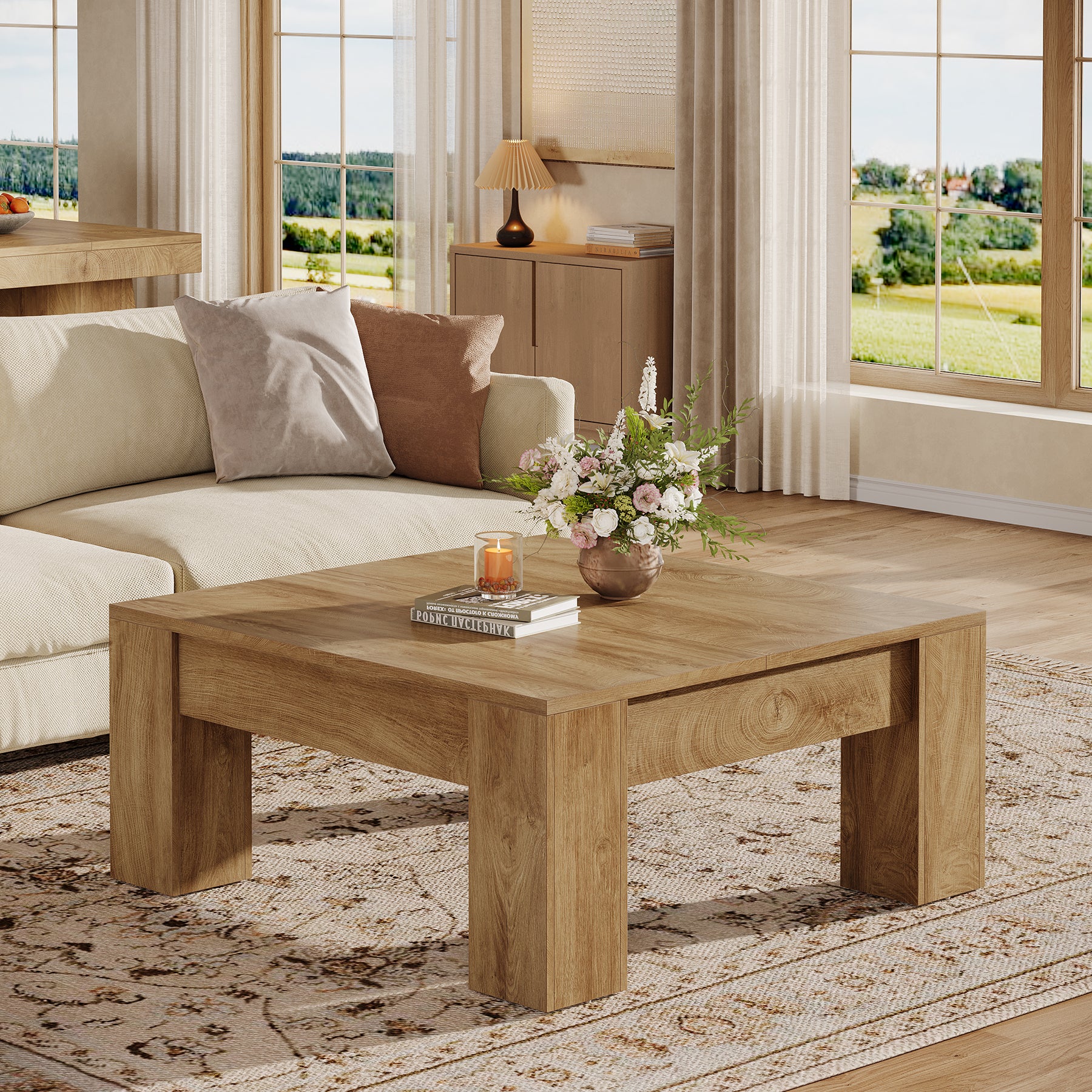 Square Coffee Table, 39" Farmhouse Center Table with Sturdy Legs