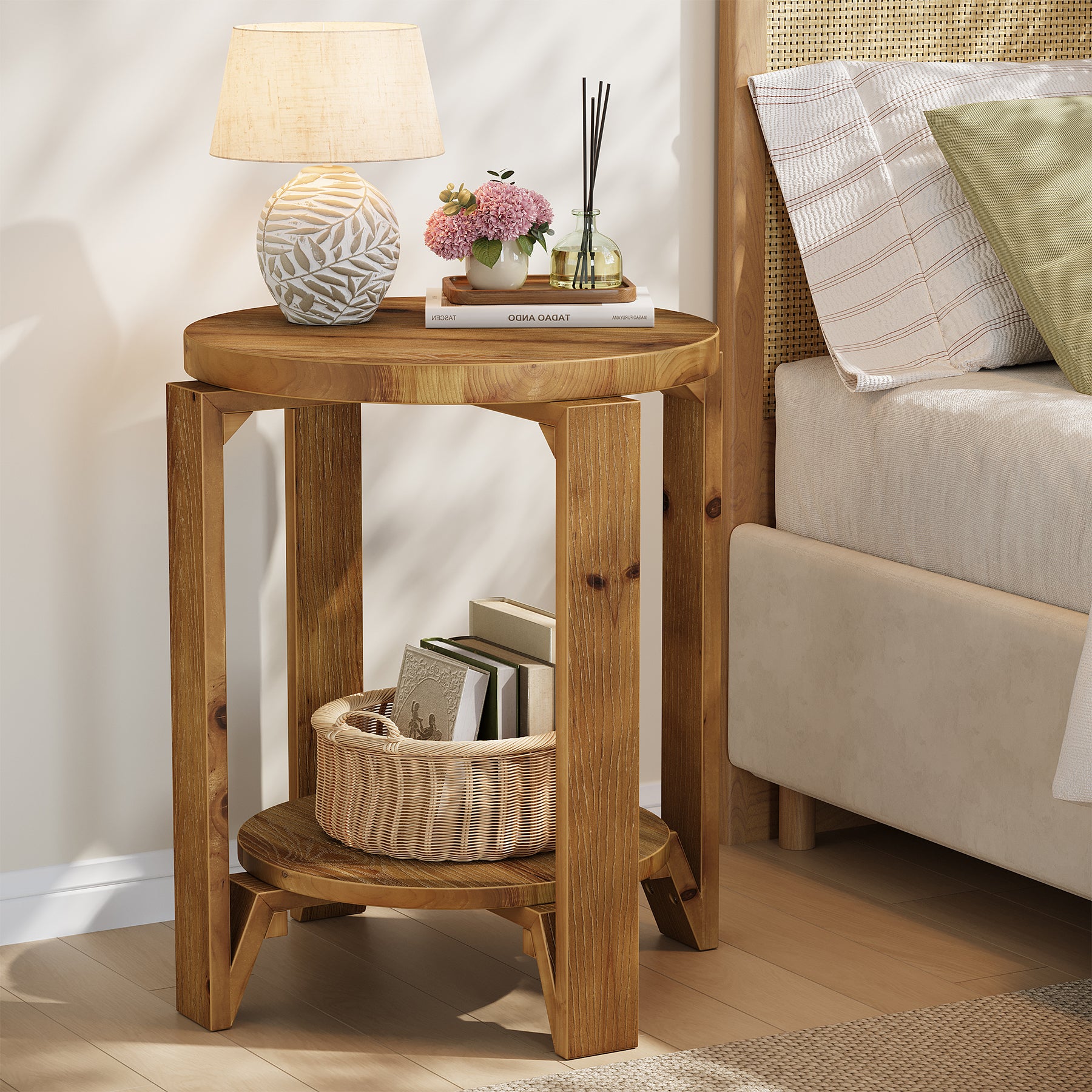 Solid Wood End Table, 2-Tier Round Side Table Nightstand for Living Room, Bedroom