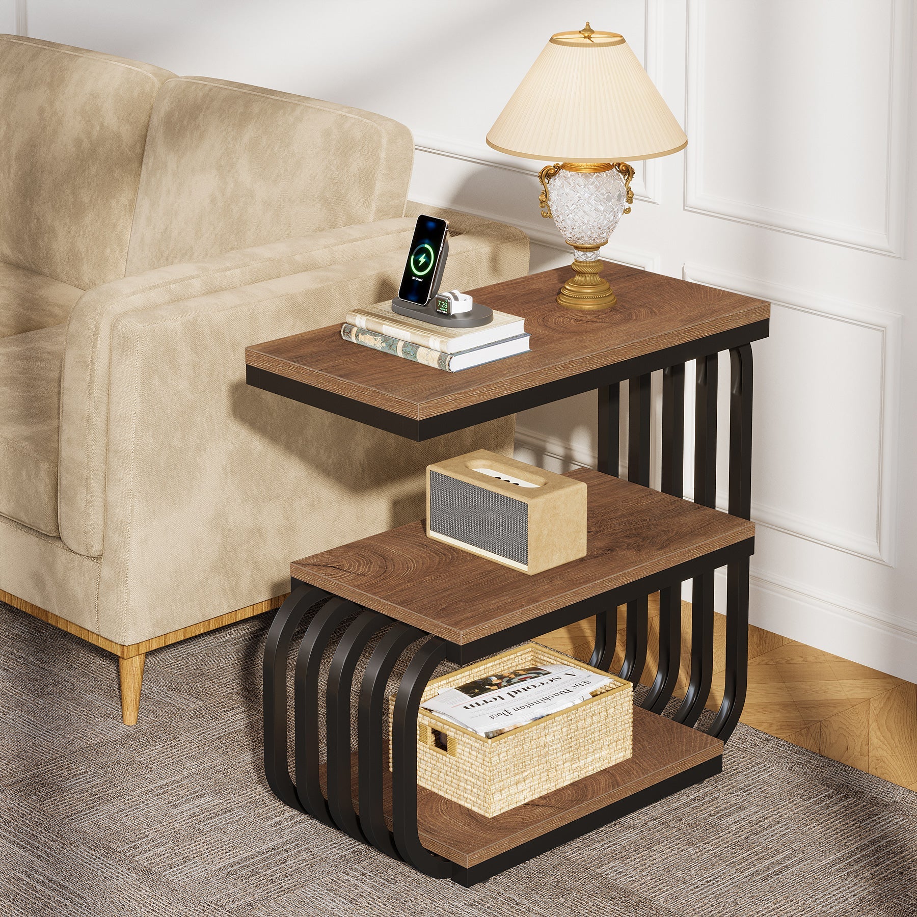 3 Tier End Table, Vintage Side or Bedside Stand for Living Room