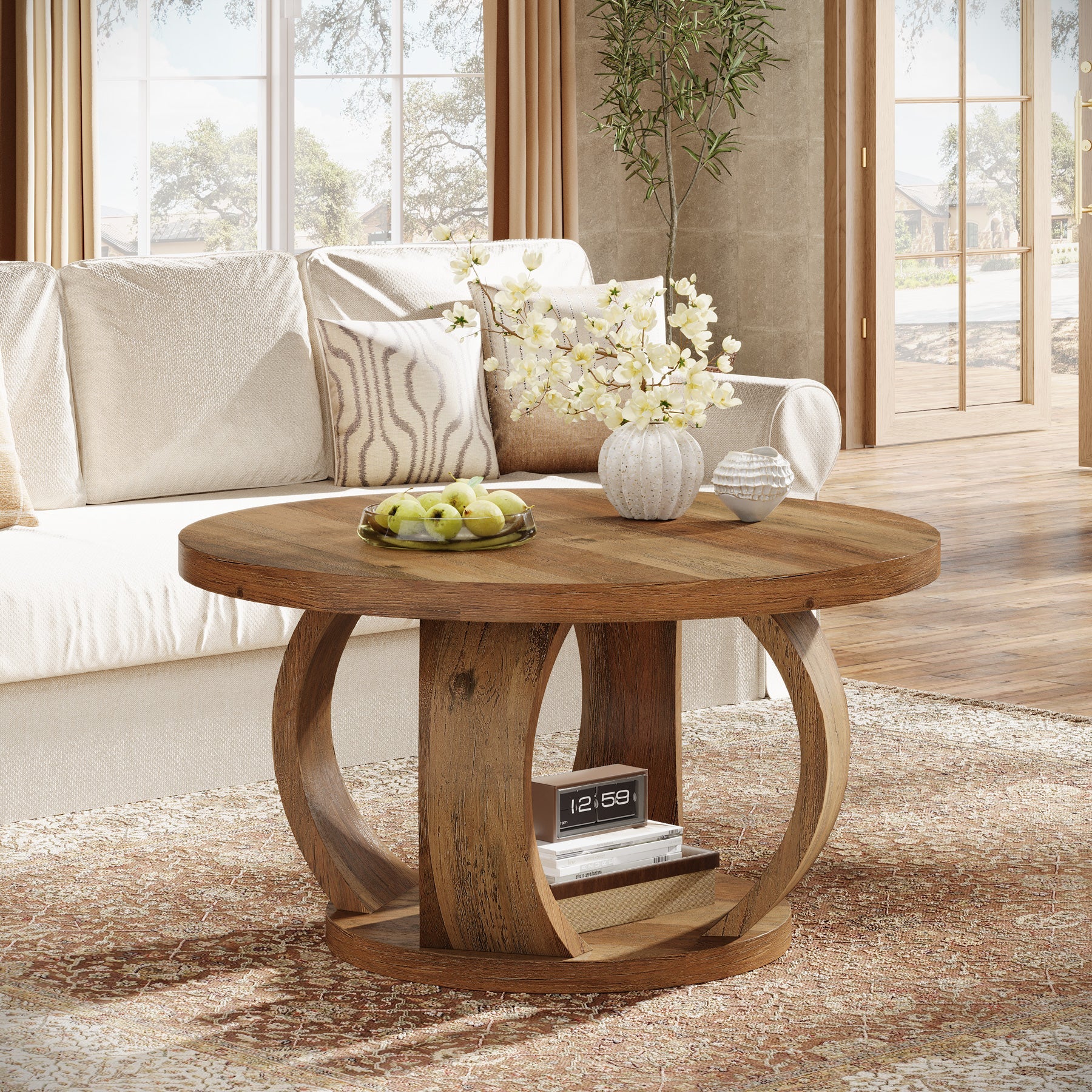 31.5" Round Coffee Table, 2-Tier Center Table with Storage for Living Room