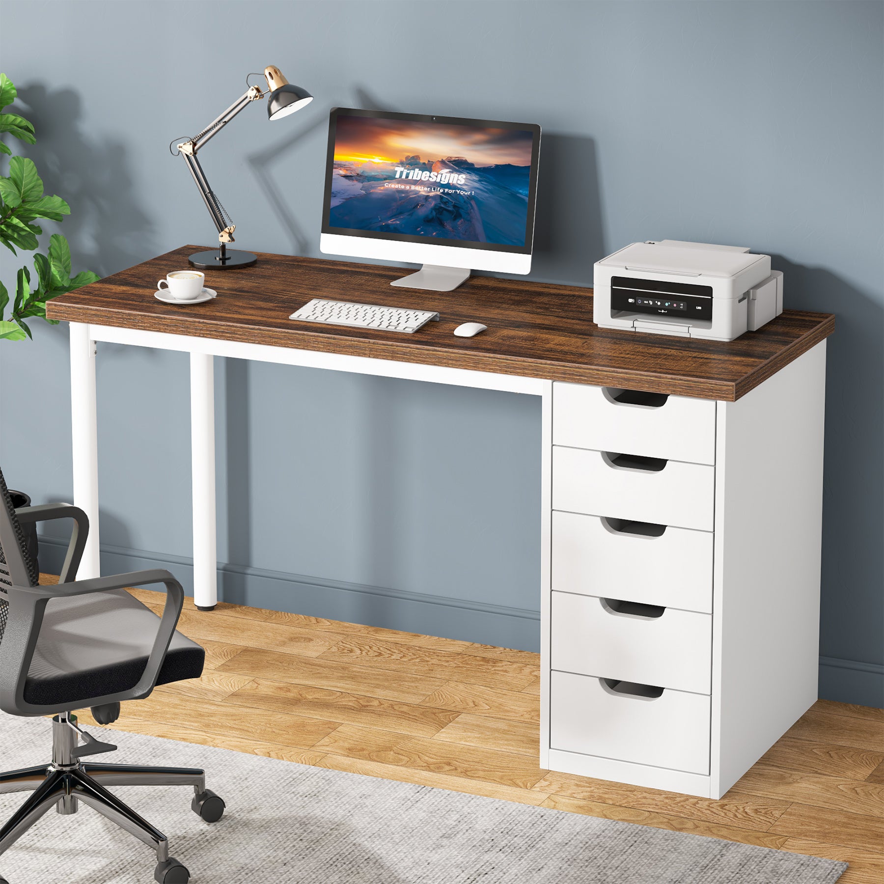 47" Computer Desk with 5 Drawers, Modern Study Table Writing Desk