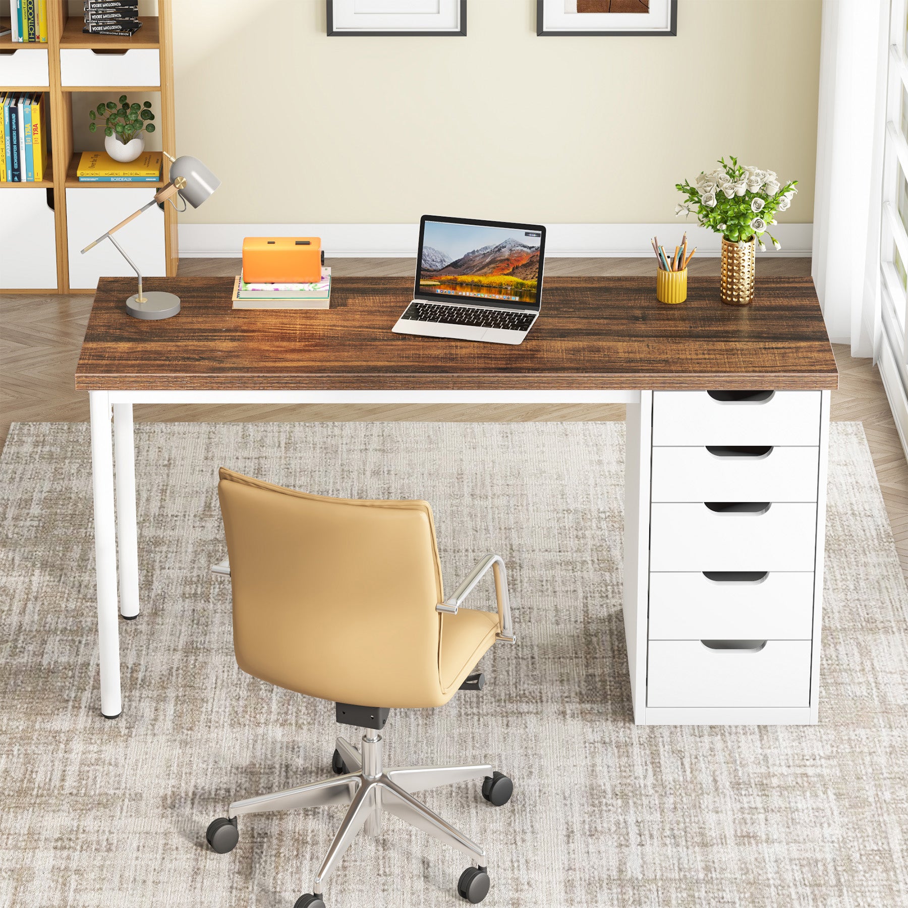 47" Computer Desk with 5 Drawers, Modern Study Table Writing Desk