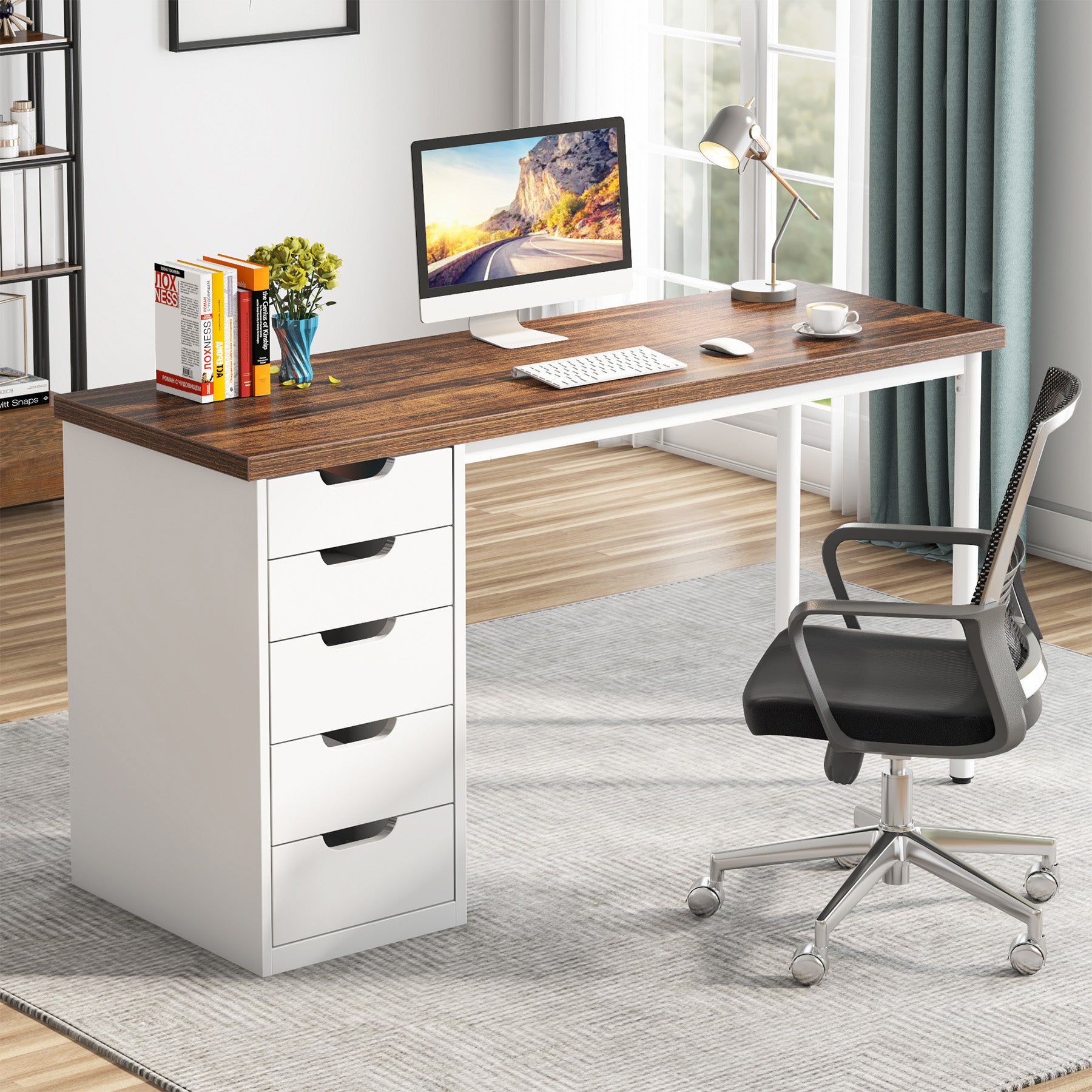 47" Computer Desk with 5 Drawers, Modern Study Table Writing Desk