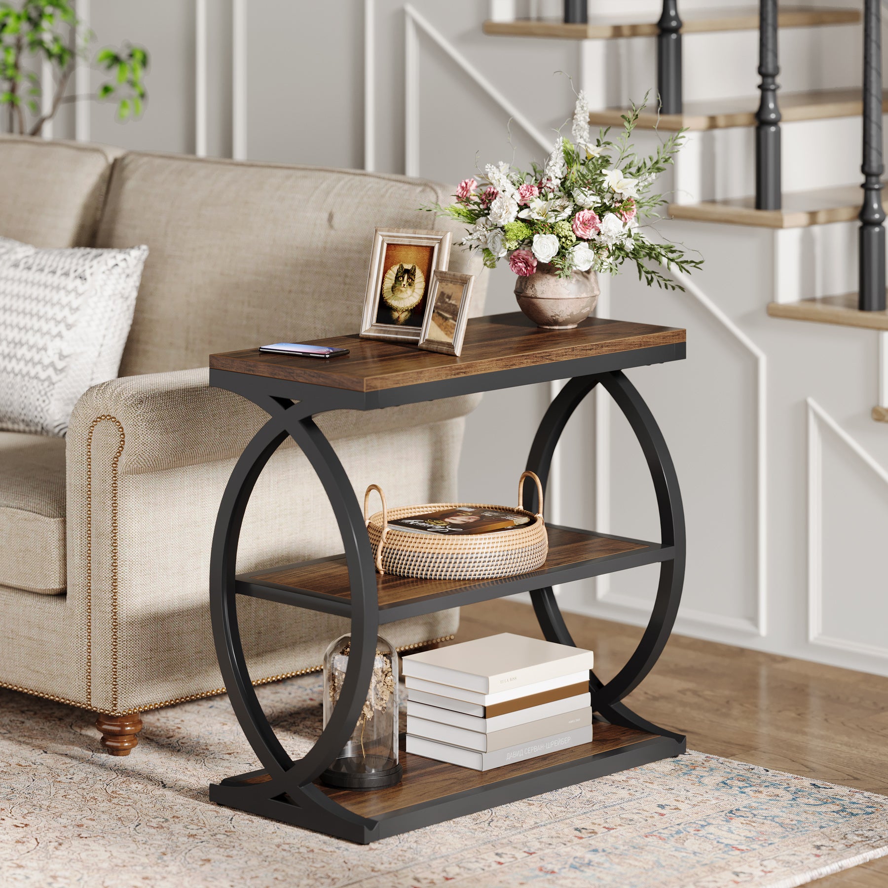 3-Tier End Table, Narrow Side Table Nightstand with Metal Frame