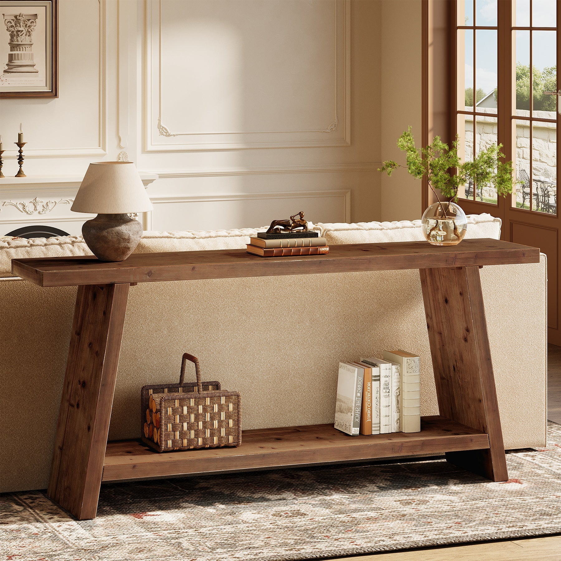 Solid Wood Console Table, 70.9" Sofa Table Behind Couch with 2-Tier Storage