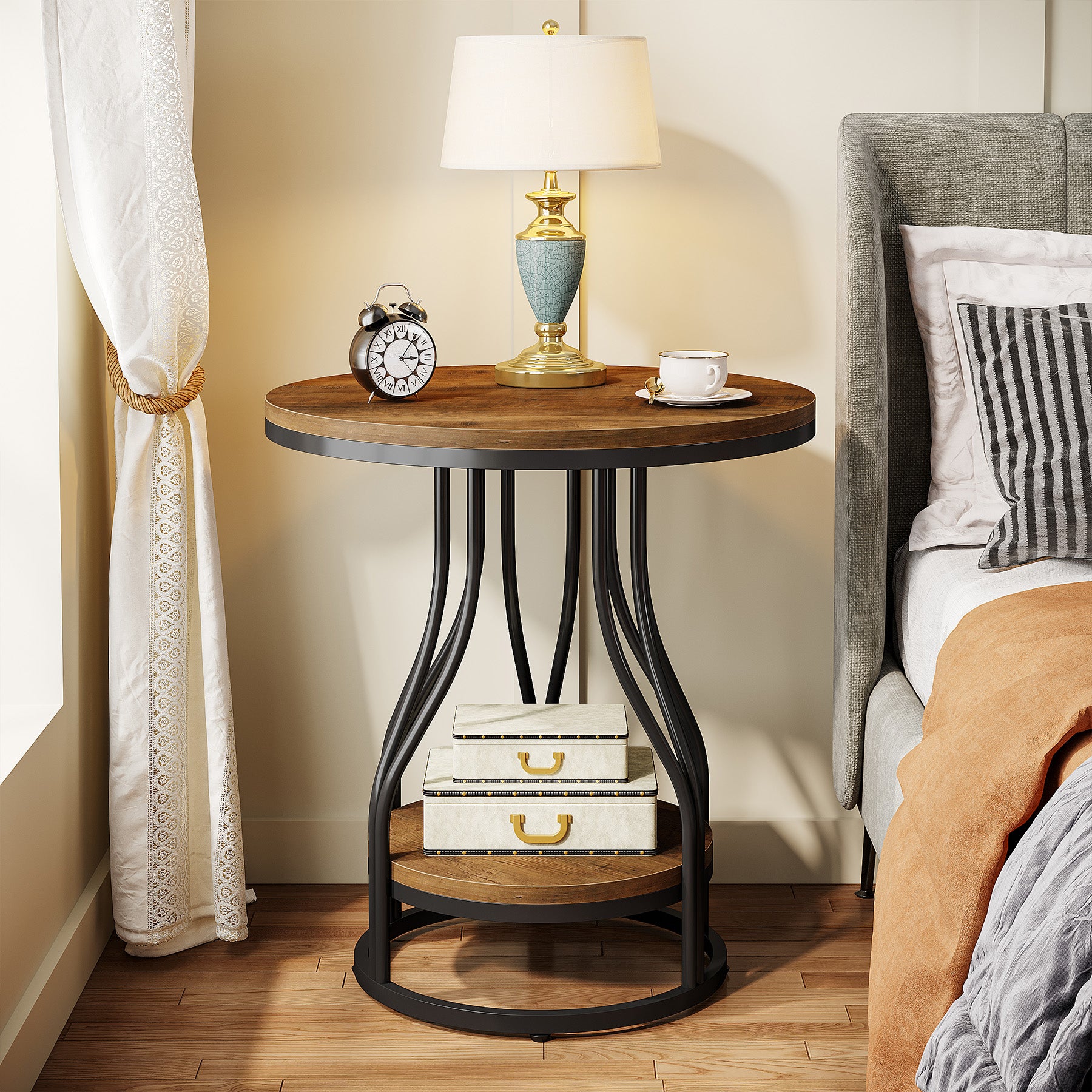 2-Tier End Table, Round Sofa Side Table with Metal Frame