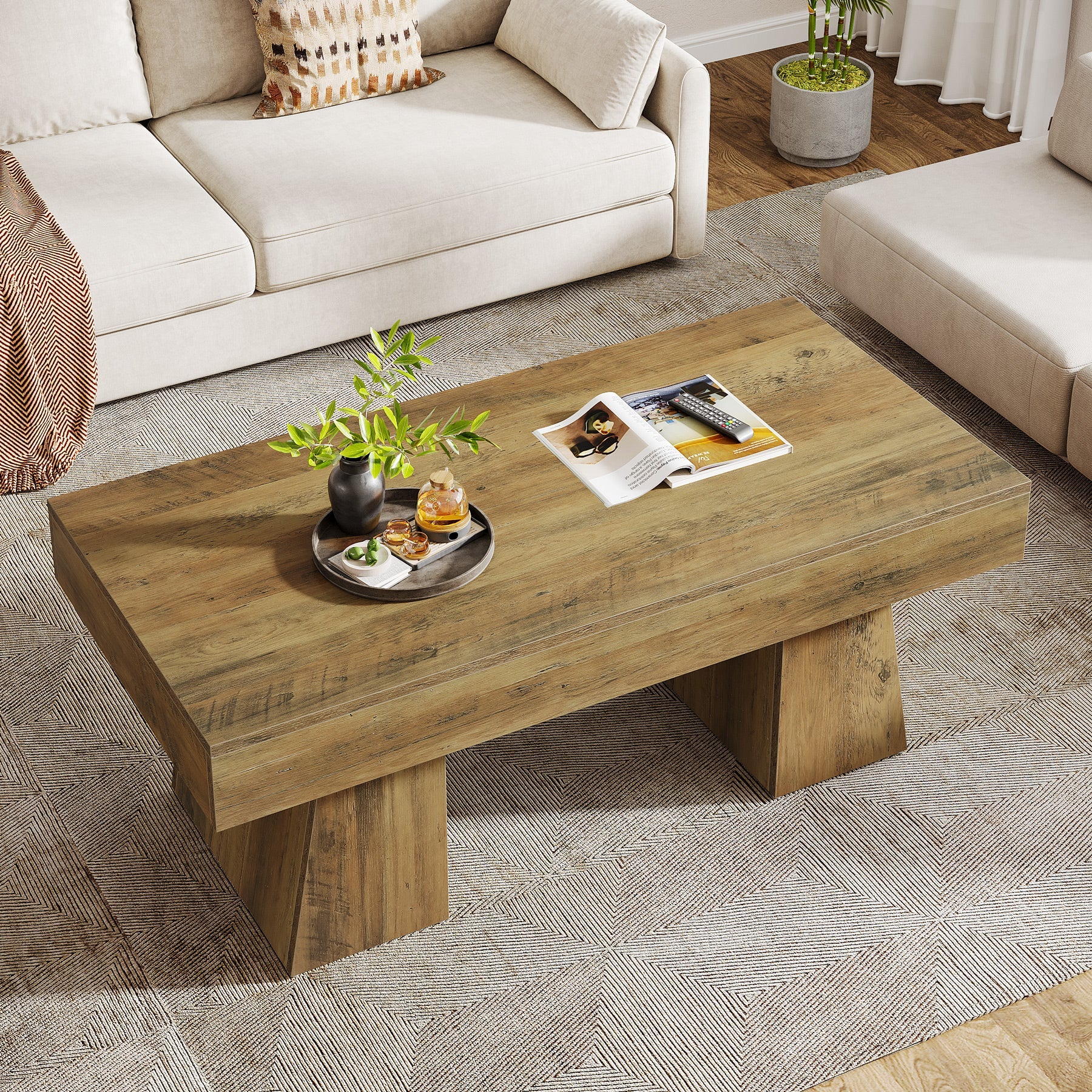 47.24" Farmhouse Coffee Table, Rectangular Center Table with Thick Base