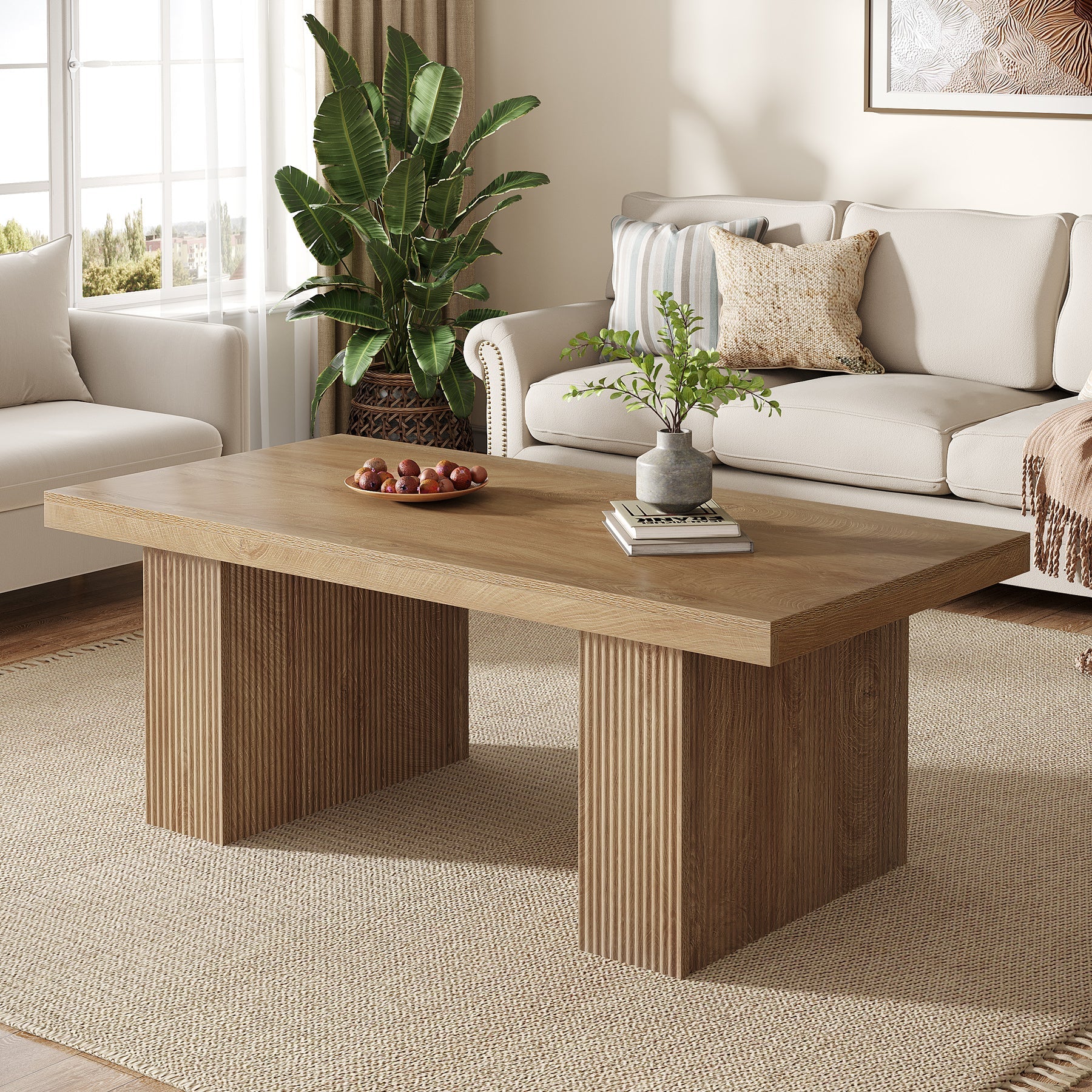 47.2" Wooden Coffee Table, Rectangle Center Table with Thick Base