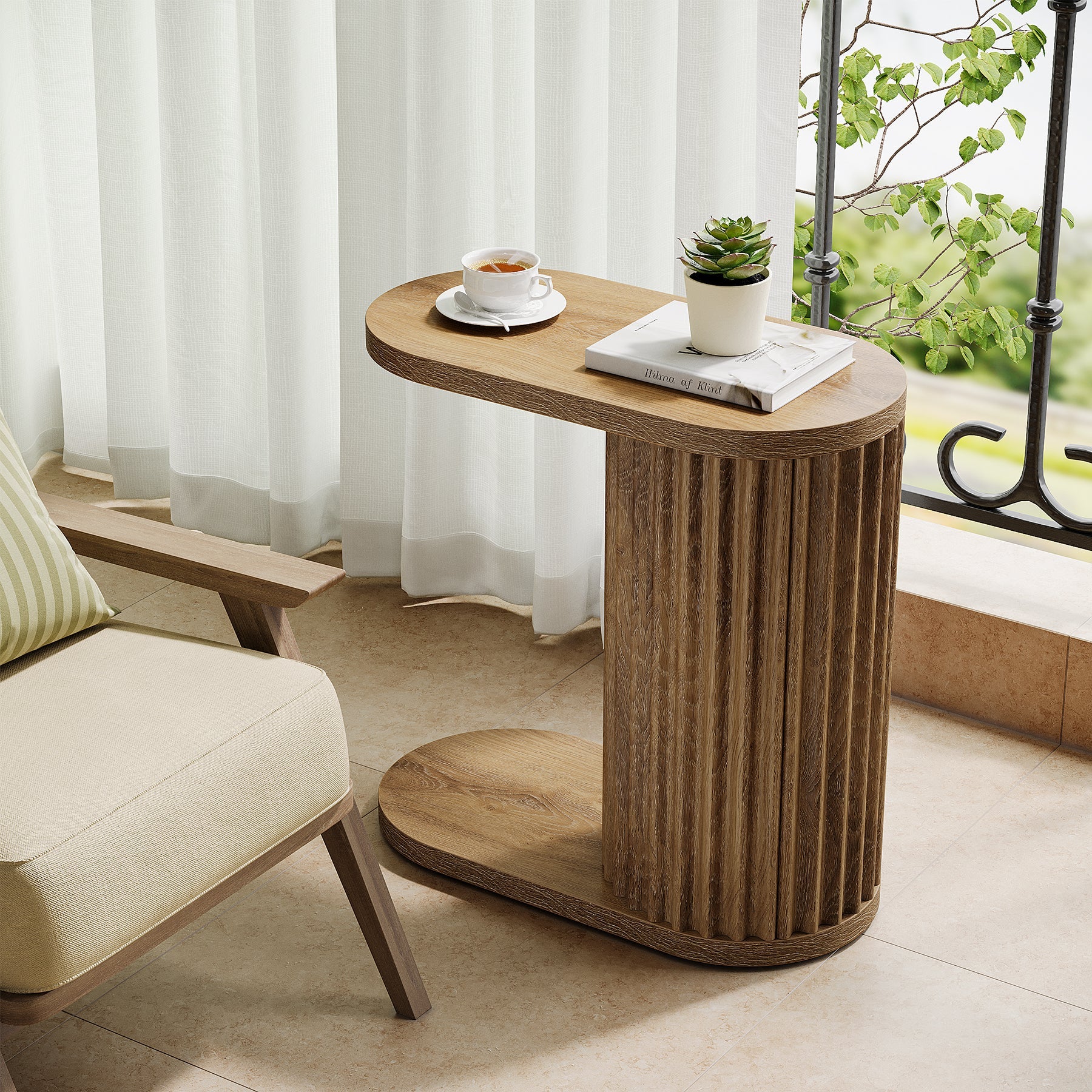 23.62" Fluted C-Shaped End Table with Oval Top, Narrow Side Table for Couch