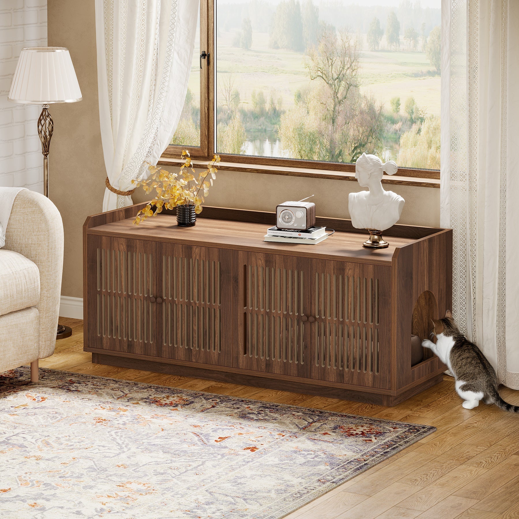 55" Litter Box Furniture, Cat Litter Box Enclosure with 2 Cabinets and Side Entrance Tribesigns