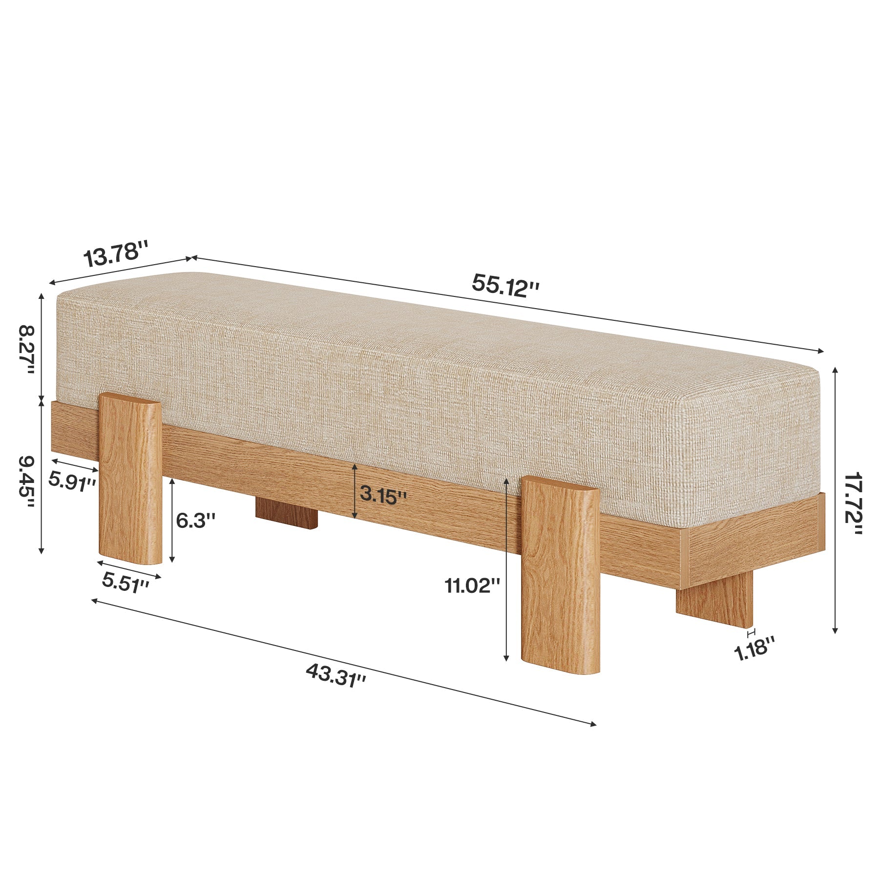 55" Dining Bench, Modern Upholstered Kitchen Benches with Fabric Padded Seat