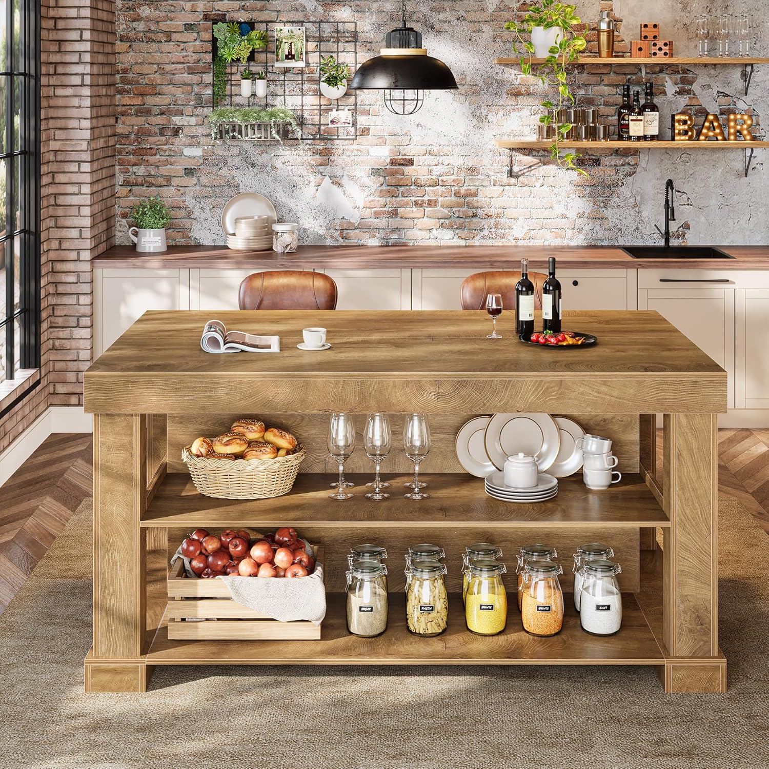 55" Home Bar Unit, 3 - Tier Pub Table Liquor Cabinet with Storage Shelves Tribesigns