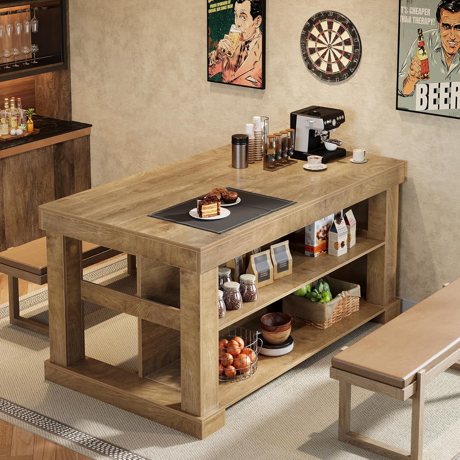 55" Home Bar Unit, 3 - Tier Pub Table Liquor Cabinet with Storage Shelves Tribesigns