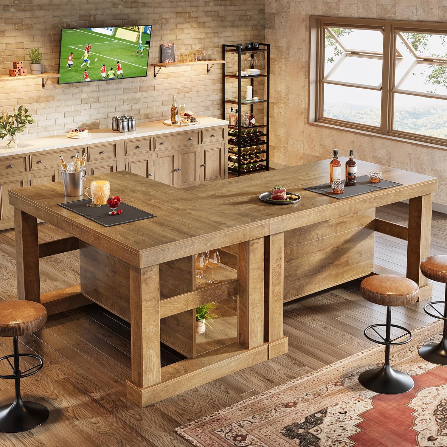 55" Home Bar Unit, 3 - Tier Pub Table Liquor Cabinet with Storage Shelves Tribesigns