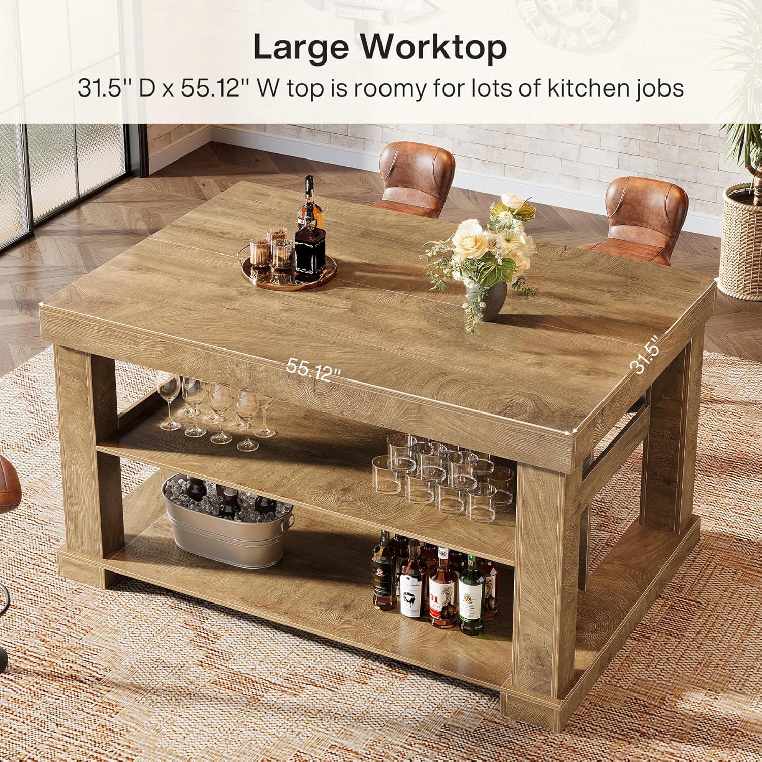 55" Home Bar Unit, 3 - Tier Pub Table Liquor Cabinet with Storage Shelves Tribesigns