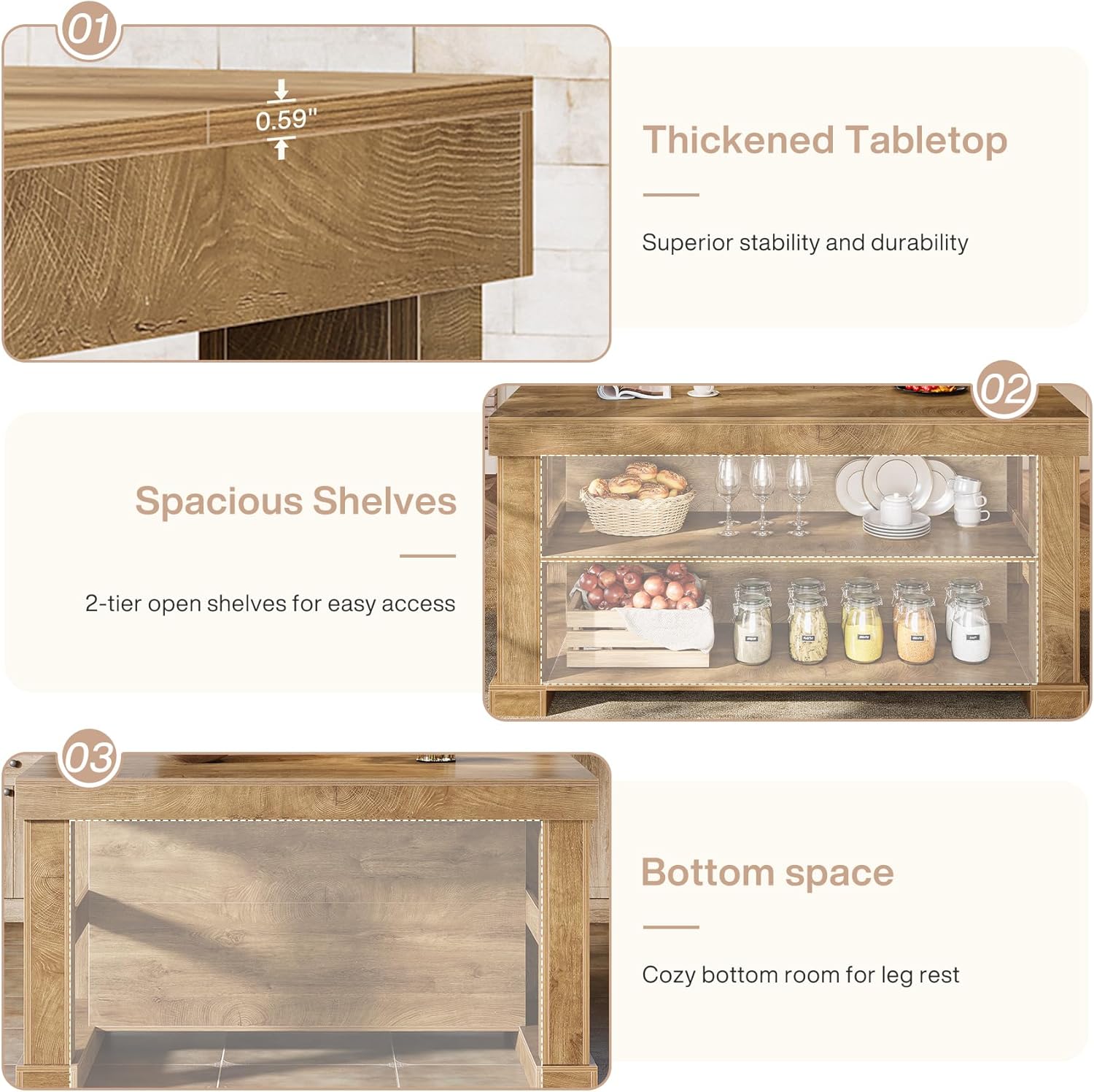 55" Home Bar Unit, 3 - Tier Pub Table Liquor Cabinet with Storage Shelves Tribesigns