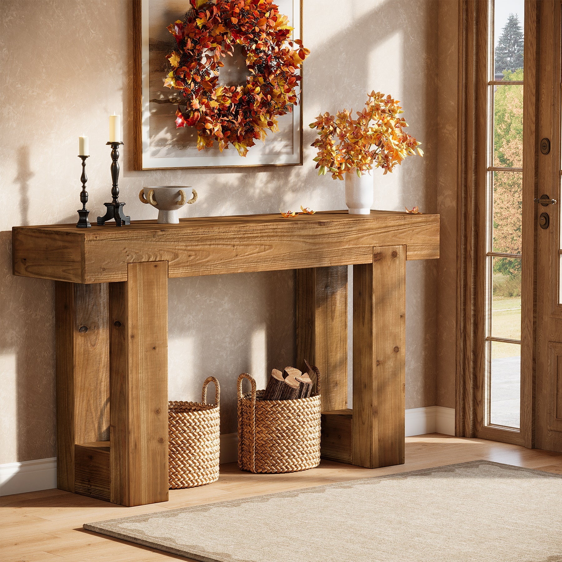 55" Rectangle Console Table, Farmhouse Solid Wood Sofa Table Entryway Furniture