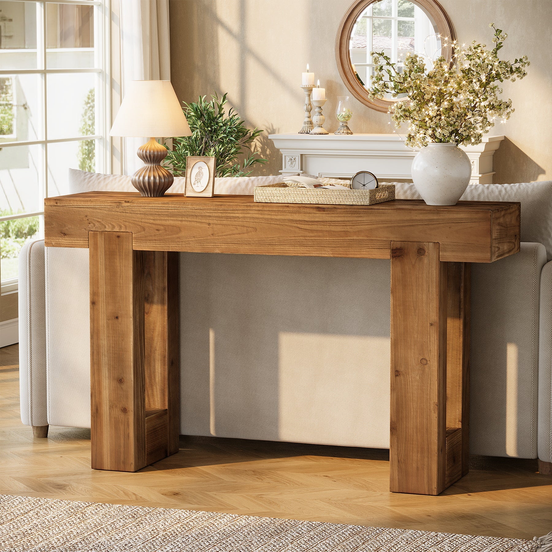 55" Rectangle Console Table, Farmhouse Solid Wood Sofa Table Entryway Furniture