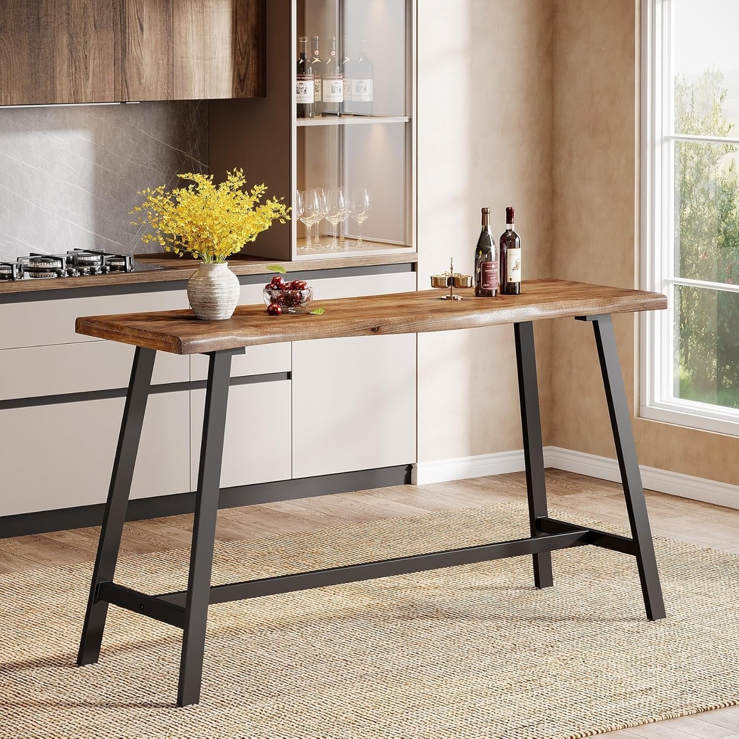 55" Solid Wood Bar Table, Industrial Counter Height Pub Table Bar Units