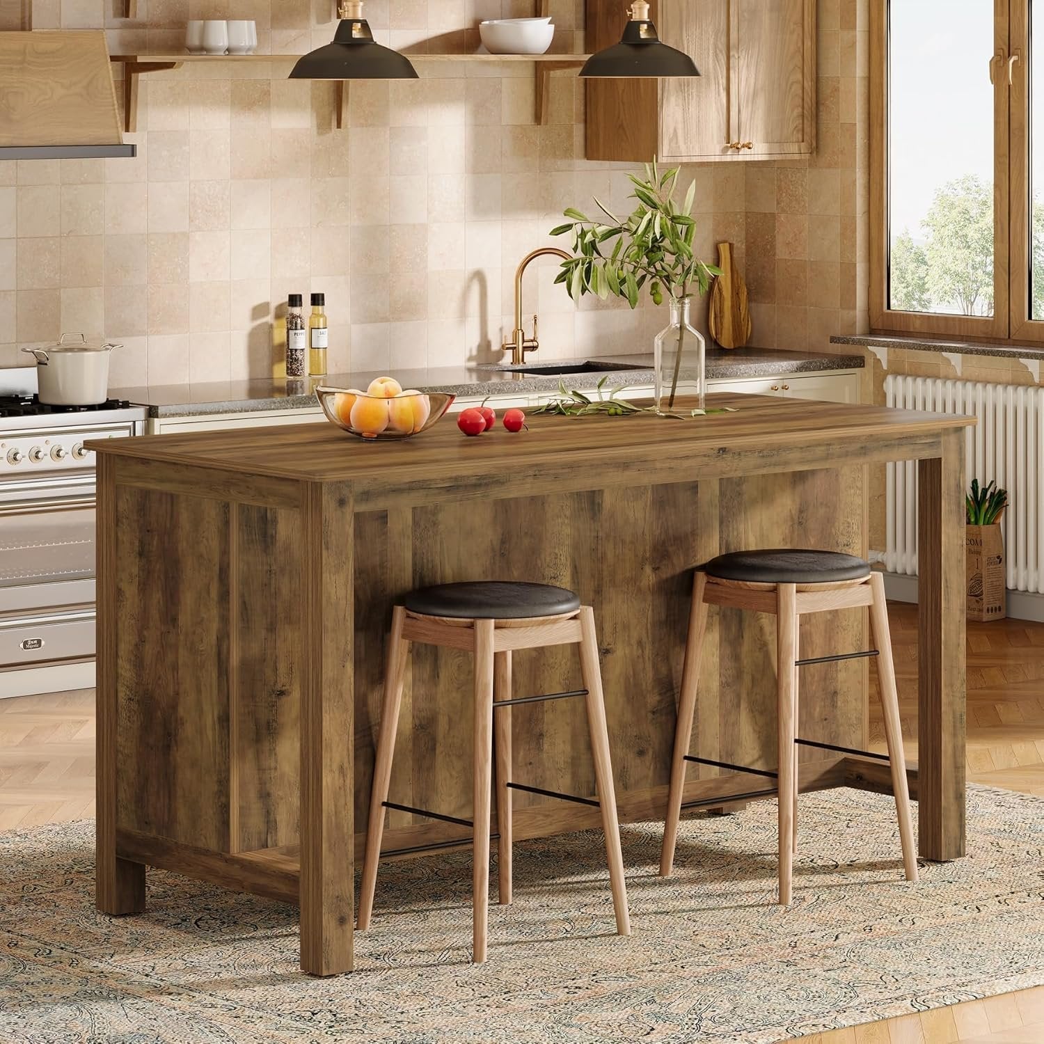 59" Kitchen Island, Farmhouse Stationary Island Table with Storage for Kitchen