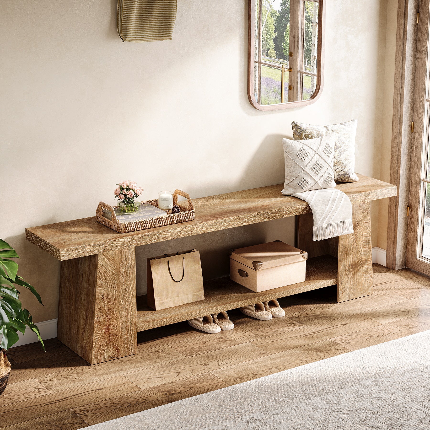 2-Tier Entryway Bench, 59" Shoe Bench End of Bed Bench with Storage Shelves