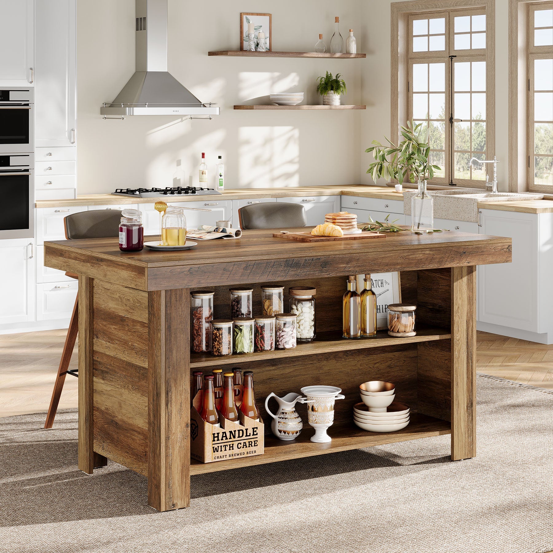 55" Kitchen Island, 3-Tier Island Table Counter Height Bar Table
