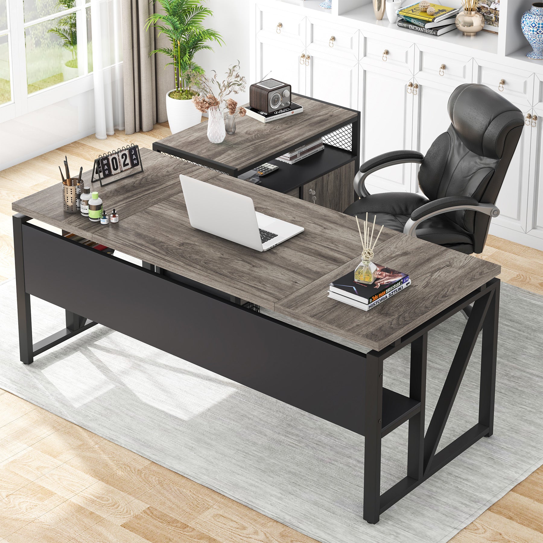 63" Computer Desk with Mobile Cabinet, L-Shaped Desk for Home Office